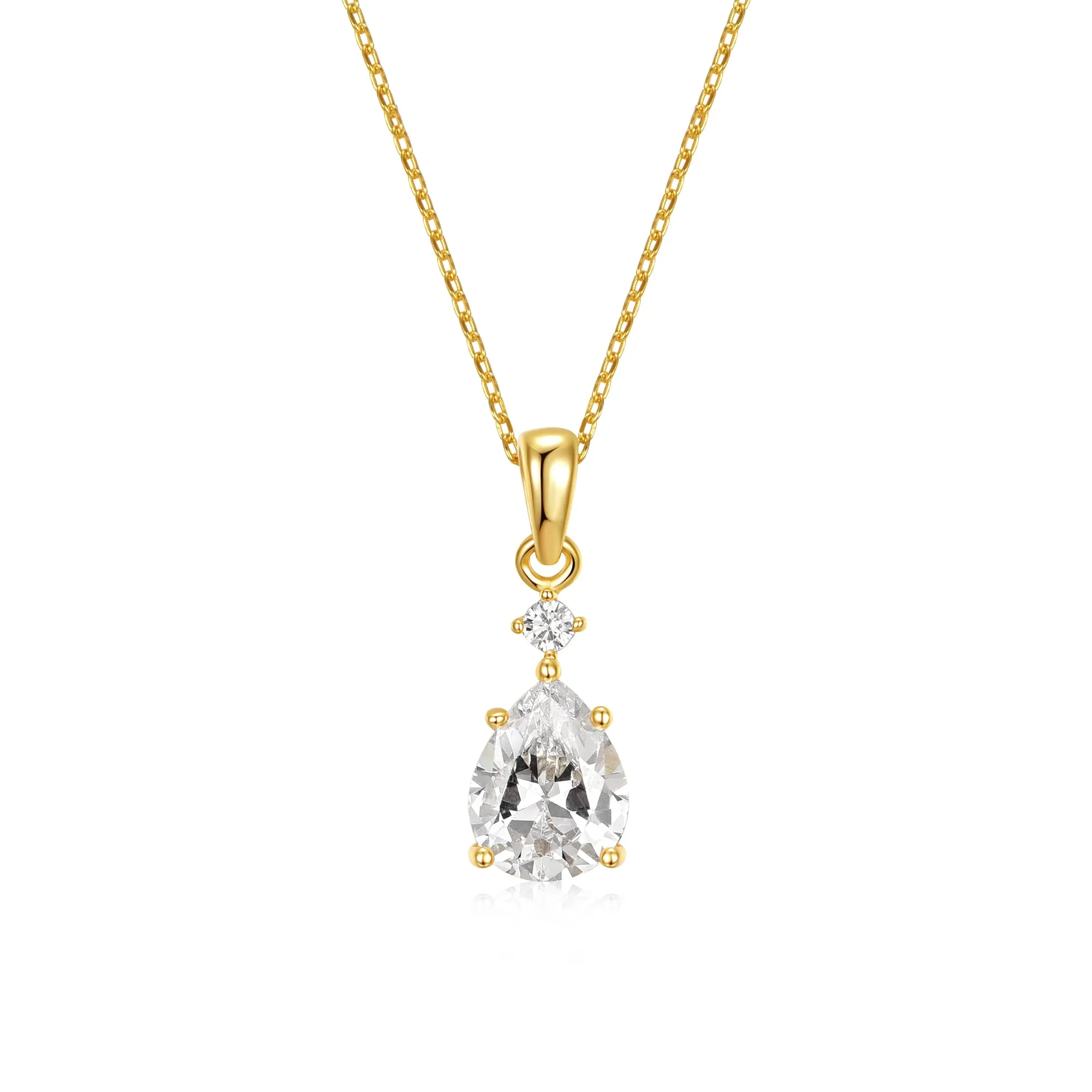 14k Gold Plated with Cubic Zirconia Raindrop Pear 2-Stone Pendant Necklace