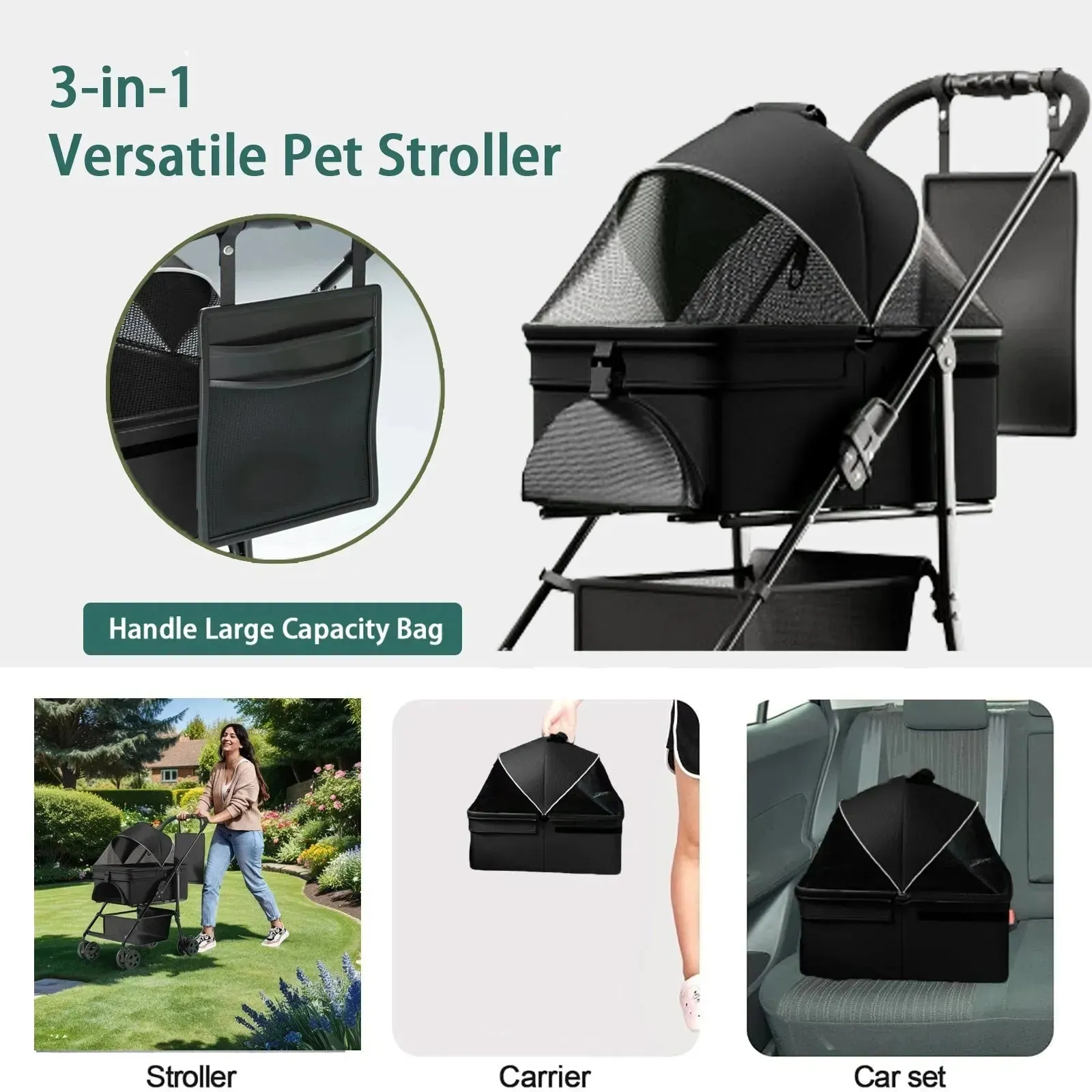 2-in-1 Folding Dog Stroller with Removable Travel Carrier