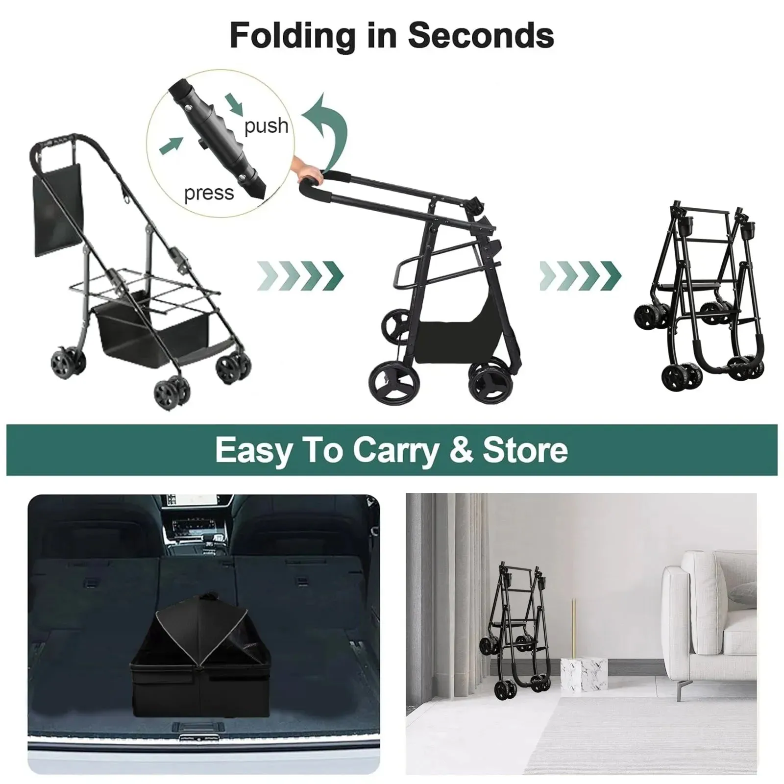 2-in-1 Folding Dog Stroller with Removable Travel Carrier