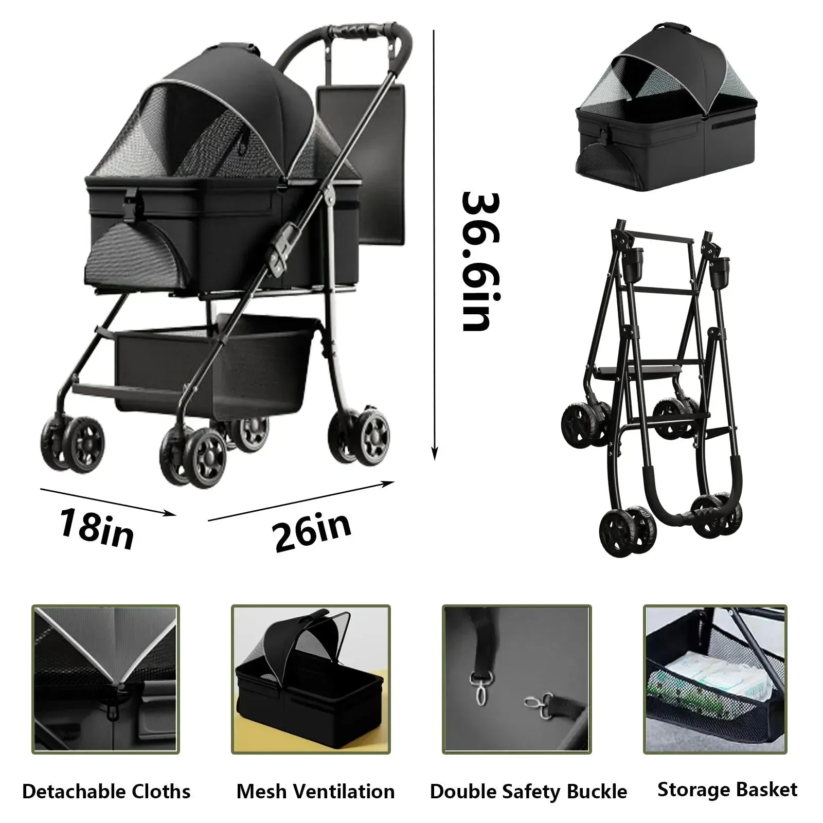 2-in-1 Folding Dog Stroller with Removable Travel Carrier