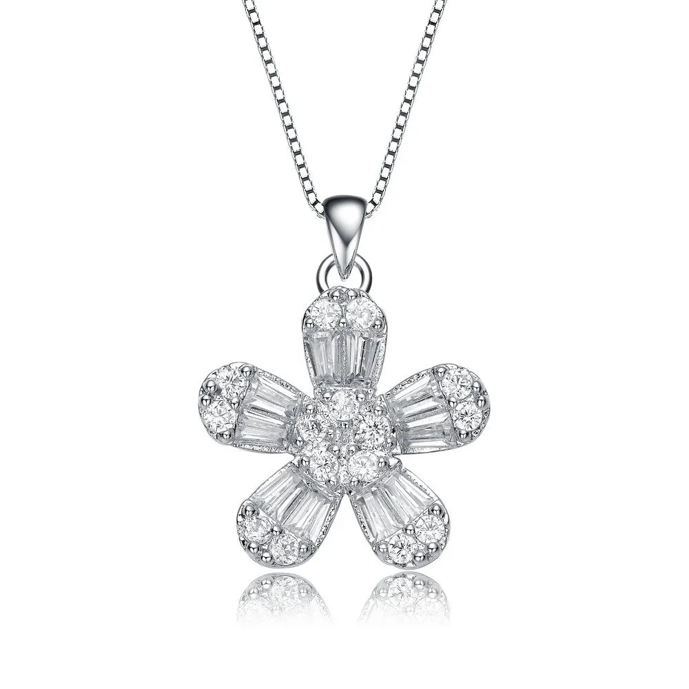 .925 Sterling Silver With Rhodium Plated Baguette Cubic Zirconia Flower Style Pendant Necklace