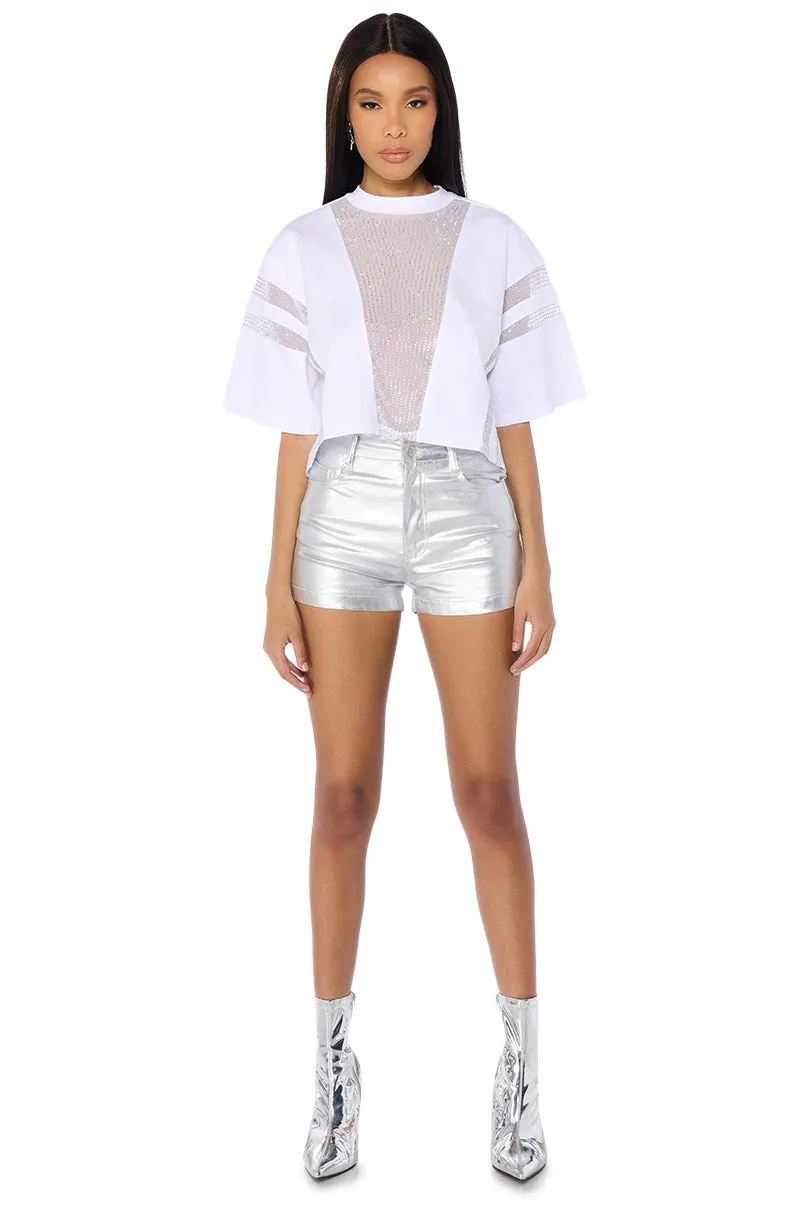 ALL STAR RHINESTONE MESH CROPPED T-SHIRT IN WHITE