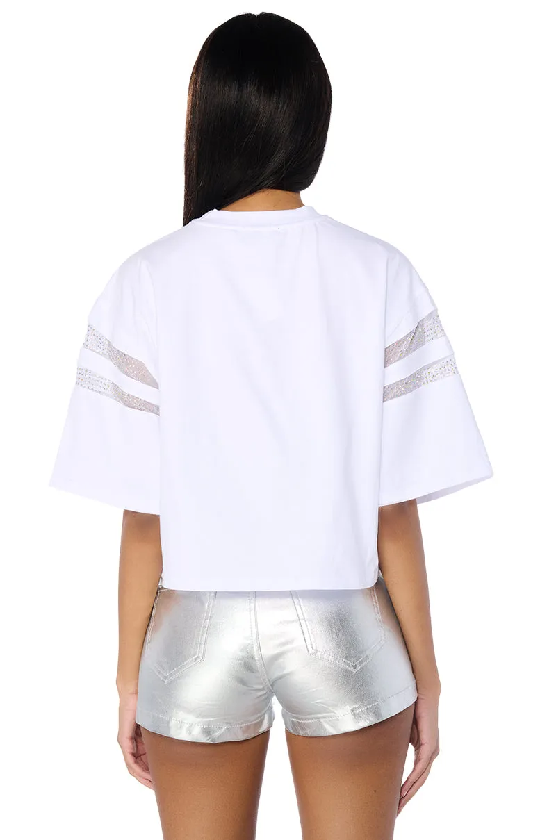 ALL STAR RHINESTONE MESH CROPPED T-SHIRT IN WHITE