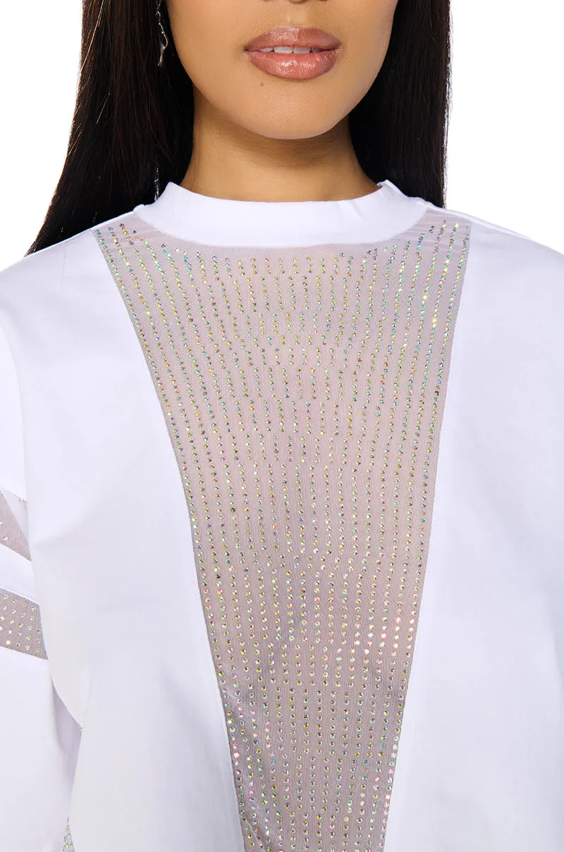 ALL STAR RHINESTONE MESH CROPPED T-SHIRT IN WHITE