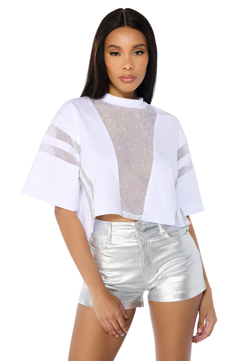 ALL STAR RHINESTONE MESH CROPPED T-SHIRT IN WHITE