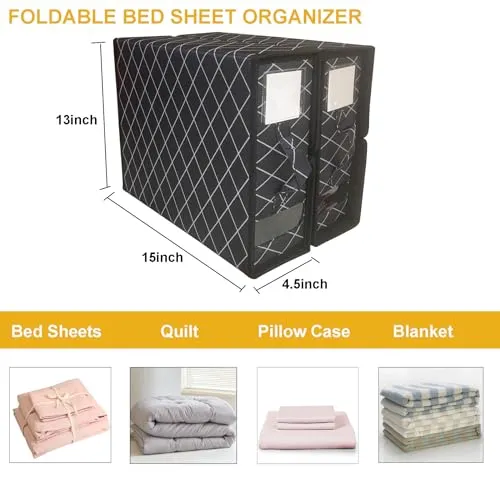 Ausugar 2/4 Pack SheetCube Bed Sheet Set Organizer Linen Foldable Storage Box Under Bed Storage Bins Storage Container with Handles for Blanket Bedding Set Clothes (Black-2 Pack)