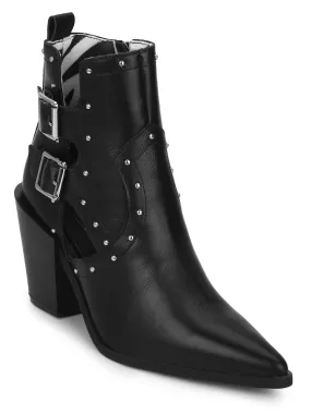 Black Pu Buckled Up Studded Block Heel Ankle Boots