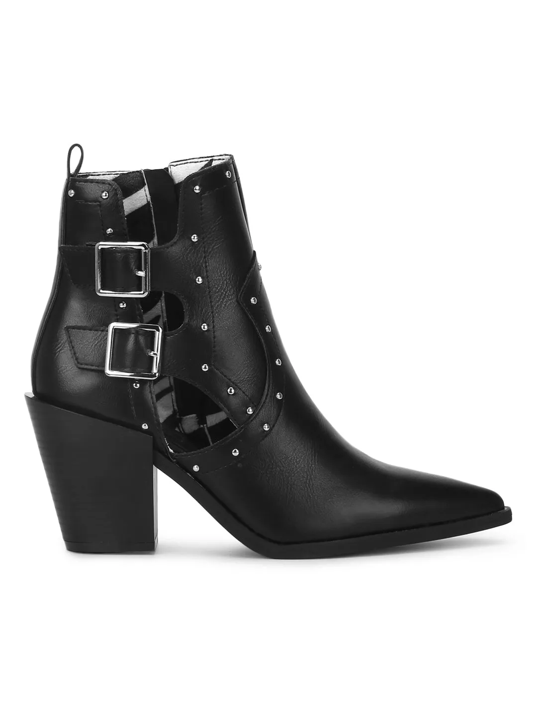 Black Pu Buckled Up Studded Block Heel Ankle Boots