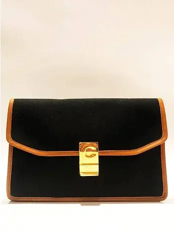 CELINE PARIS CLOTH LEATHER BLACK LOGO ENVELOPE CLUTCH BAG