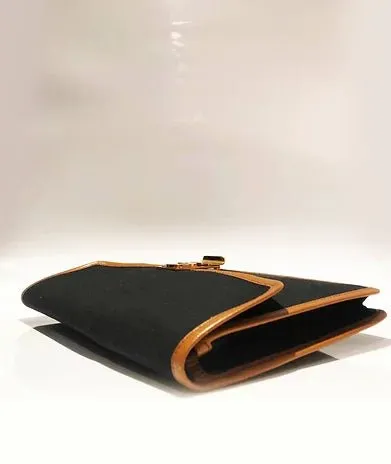 CELINE PARIS CLOTH LEATHER BLACK LOGO ENVELOPE CLUTCH BAG