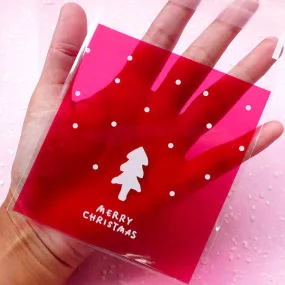 Christmas Tree Gift Bags "Merry Christmas" (20 pcs / Red) Self Adhesive Resealable Plastic Handmade Gift Wrapping Bags (10cm x 11cm) GB028