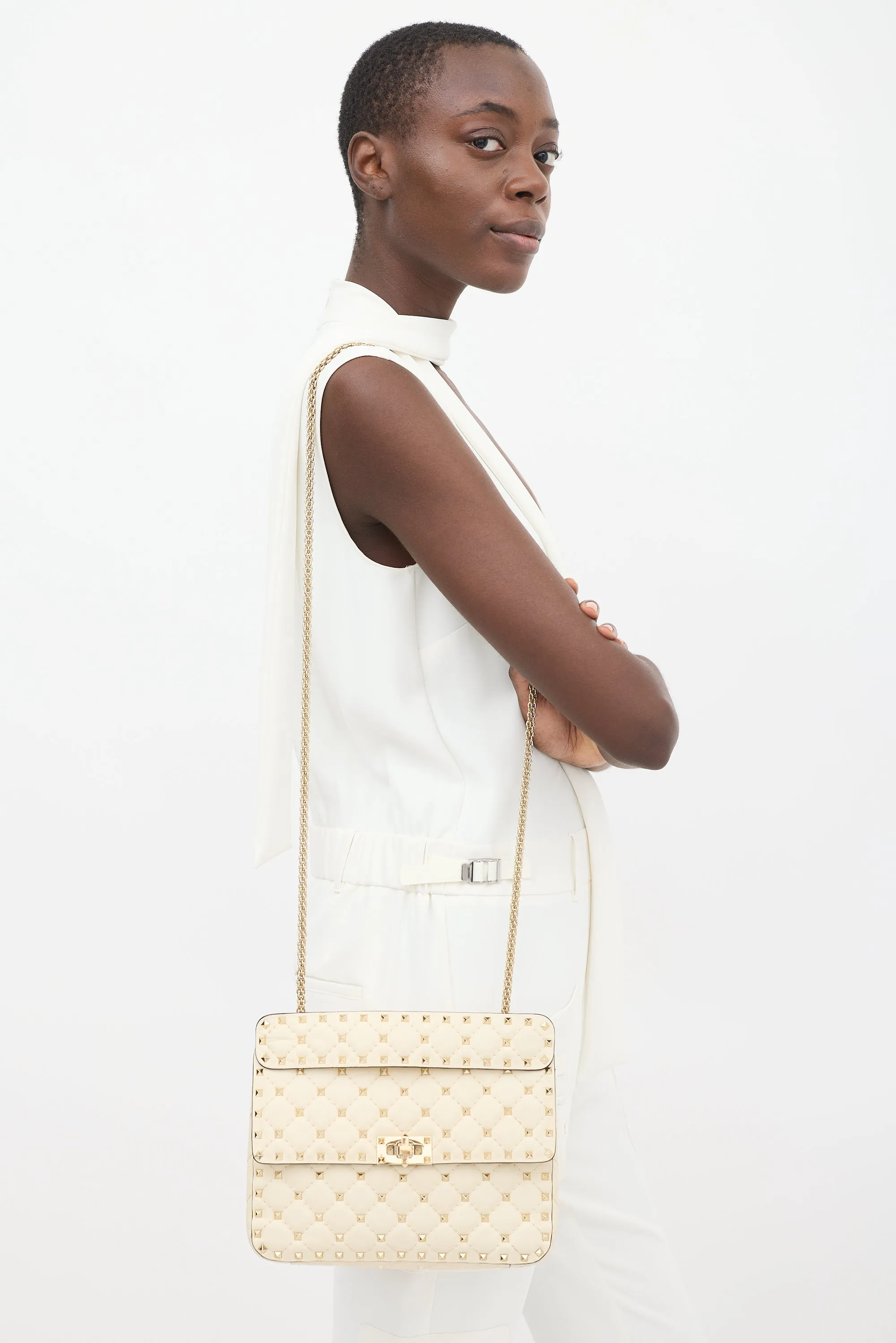 Cream Quilted Leather Rockstud Flap Bag