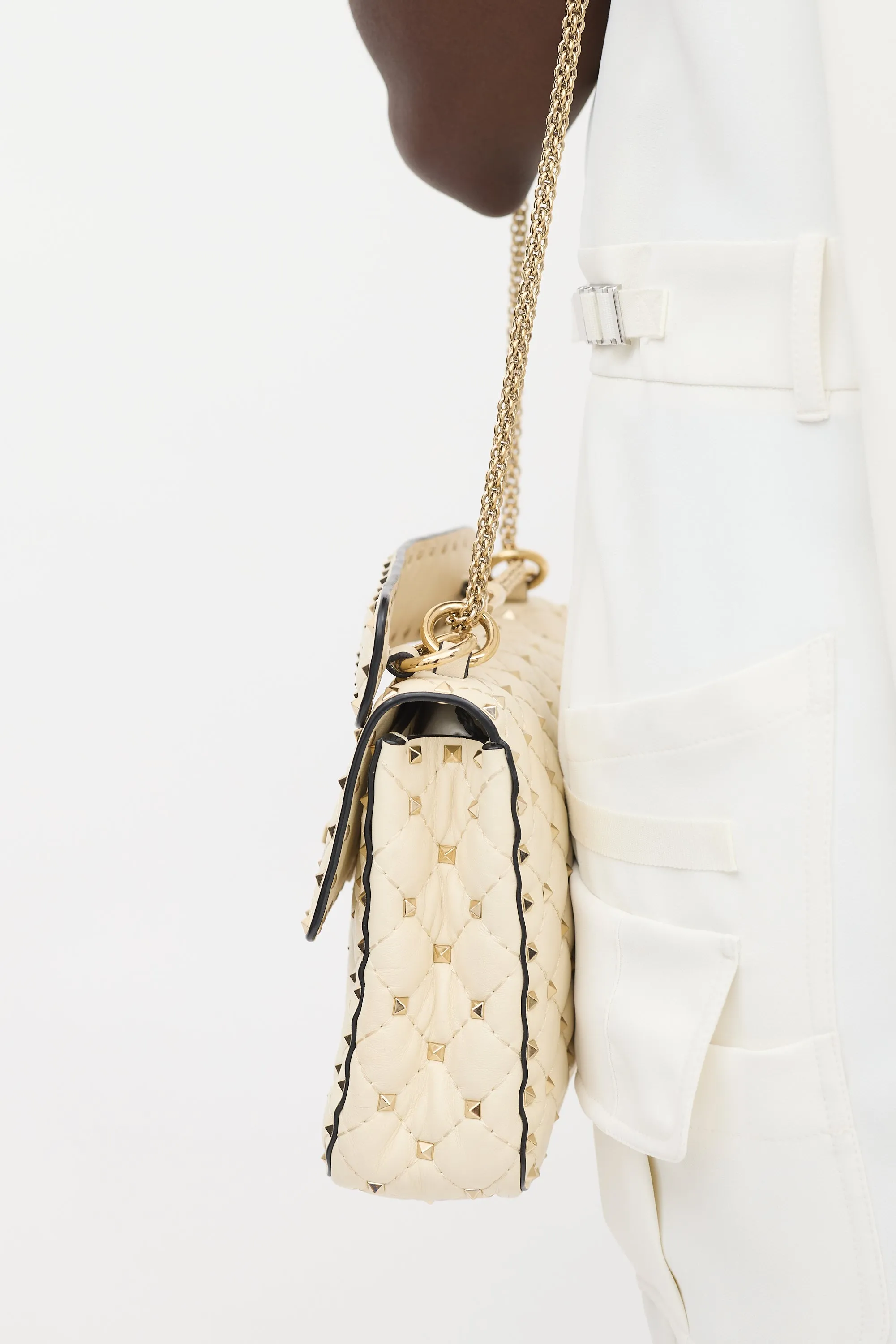 Cream Quilted Leather Rockstud Flap Bag