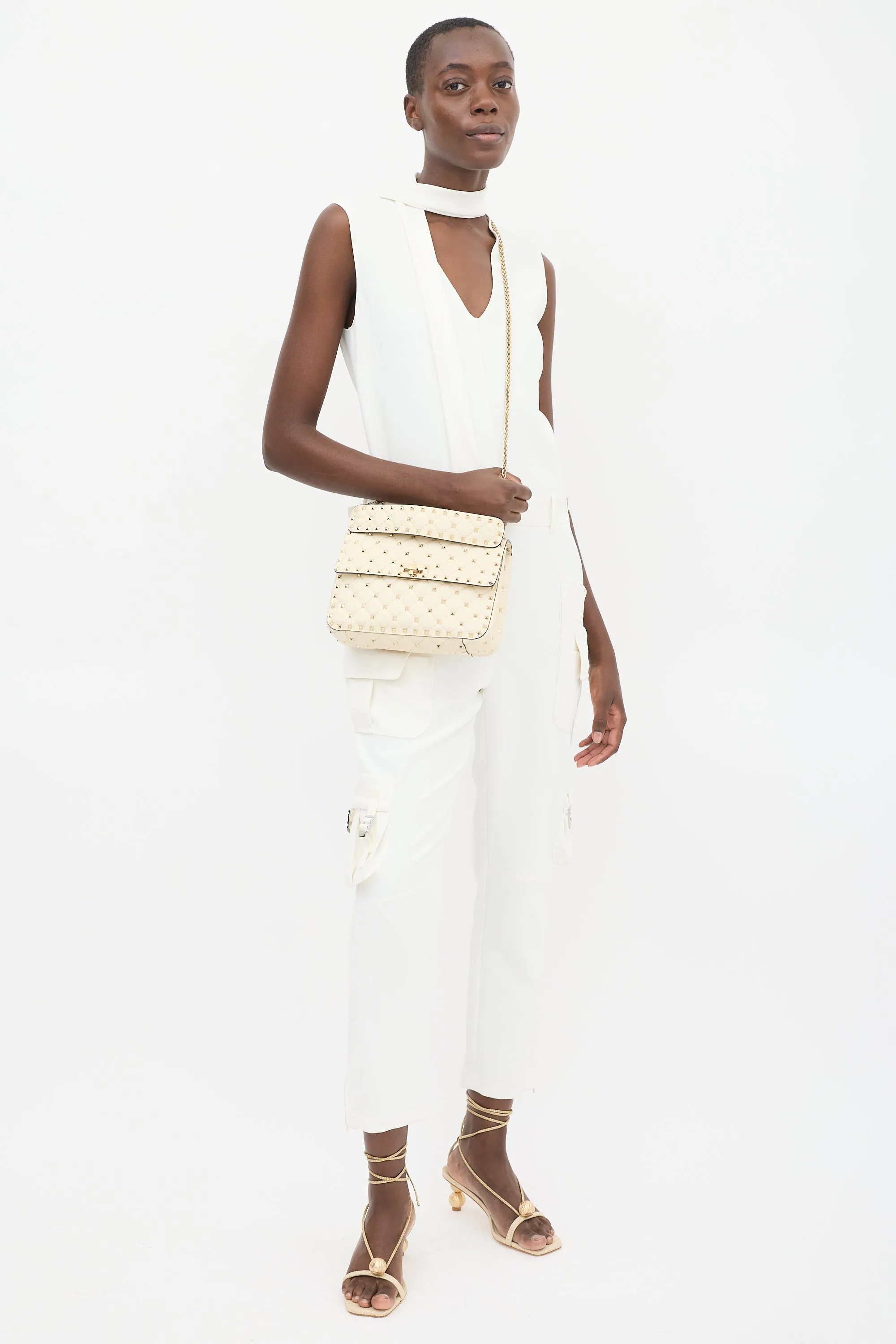 Cream Quilted Leather Rockstud Flap Bag