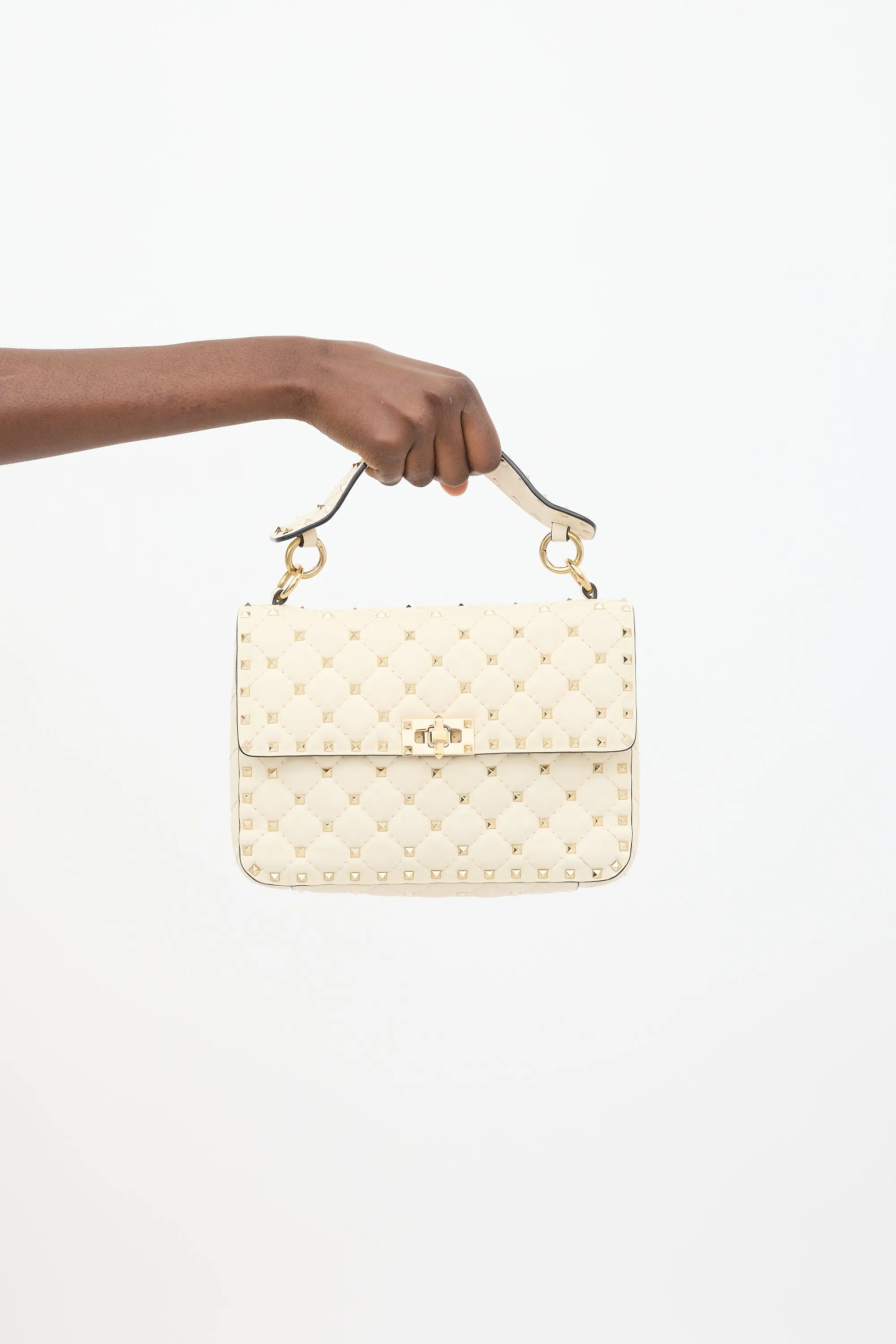 Cream Quilted Leather Rockstud Flap Bag