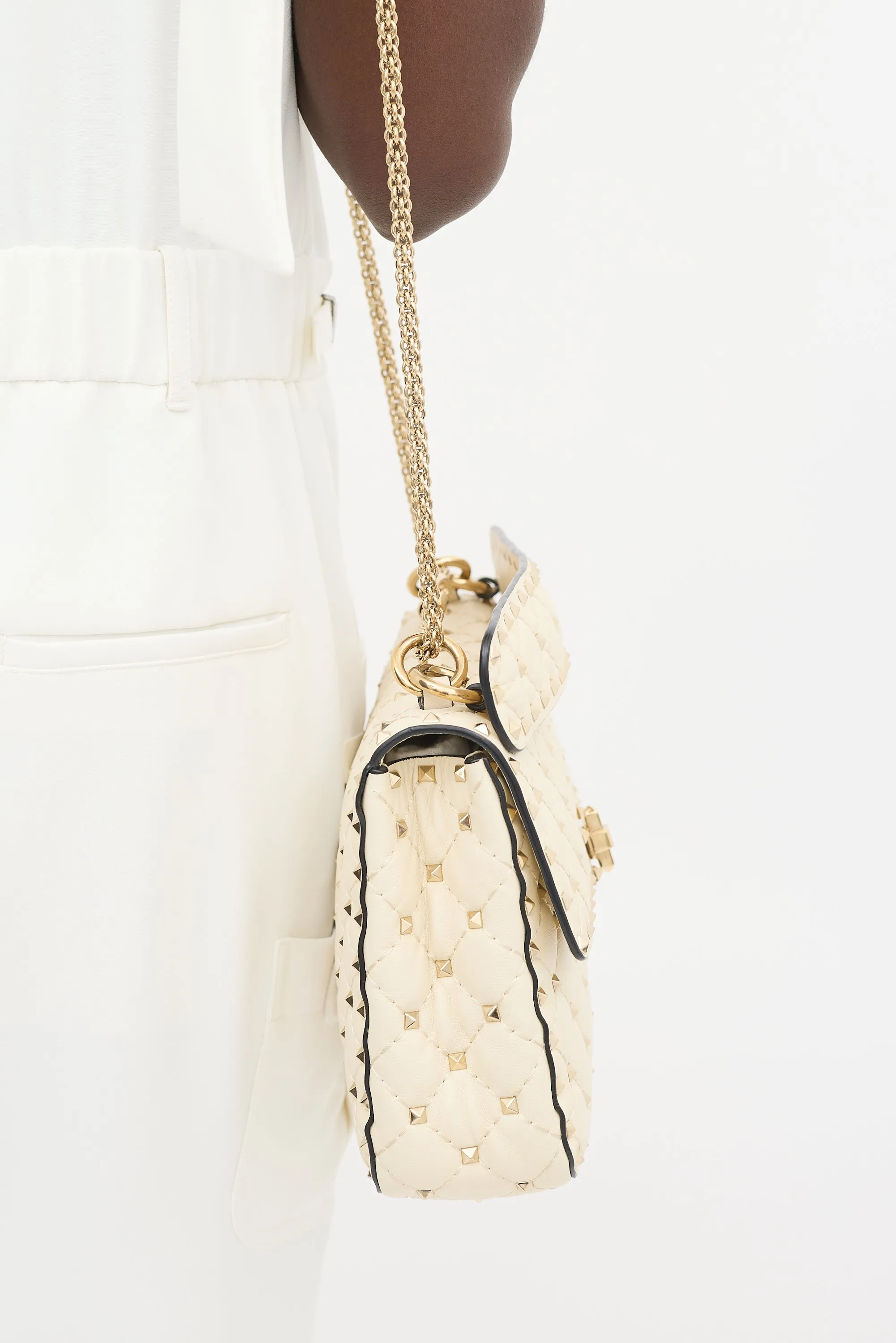 Cream Quilted Leather Rockstud Flap Bag