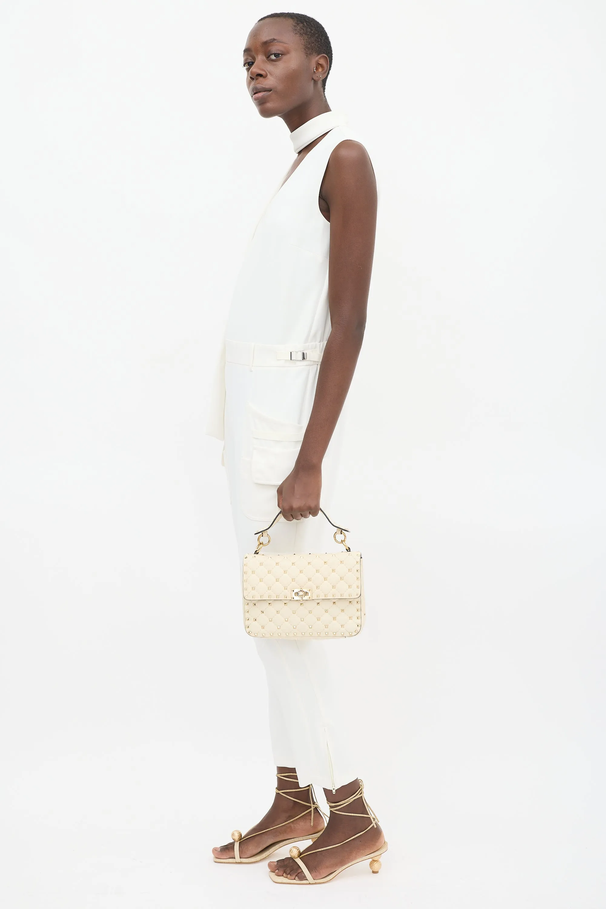 Cream Quilted Leather Rockstud Flap Bag