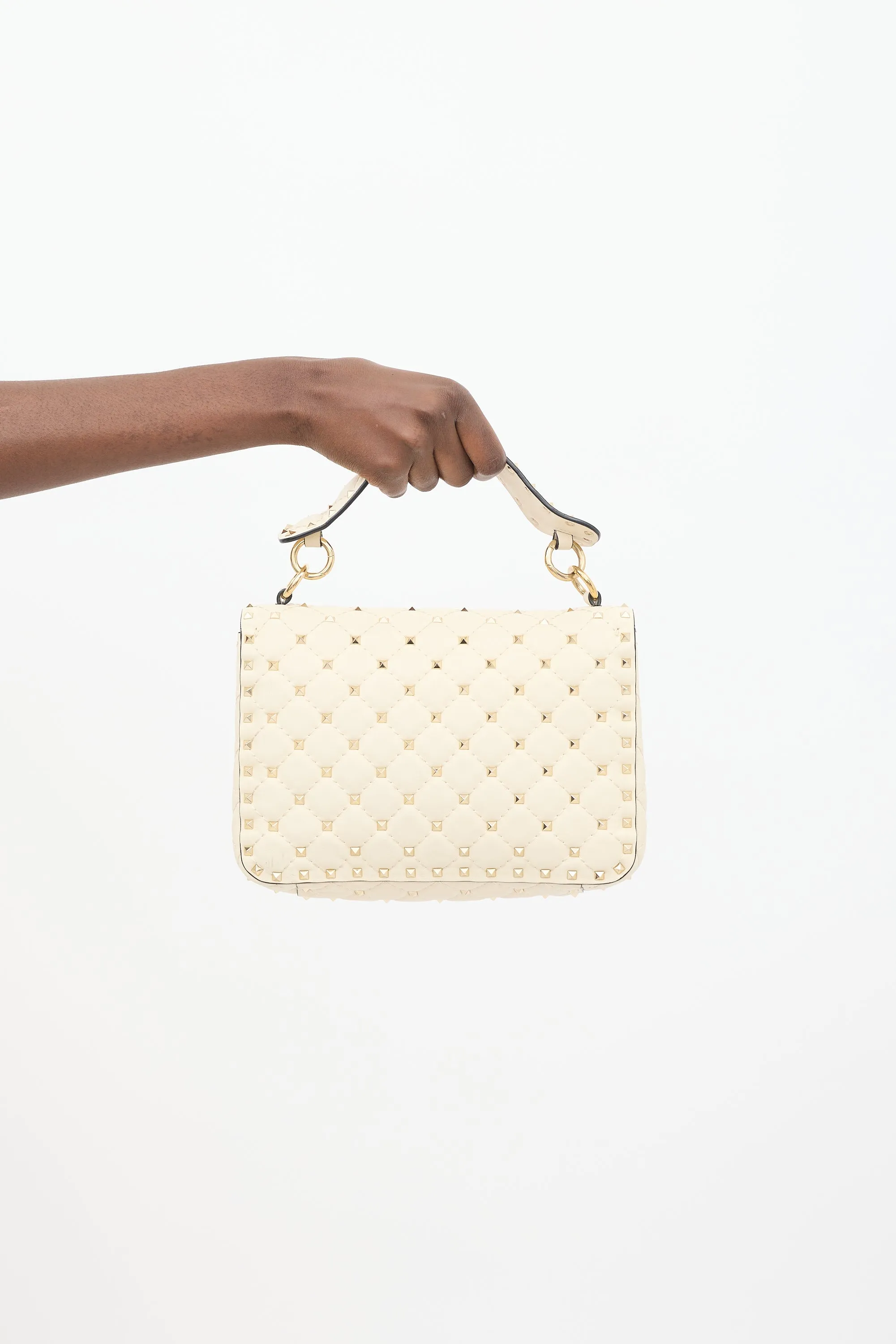 Cream Quilted Leather Rockstud Flap Bag