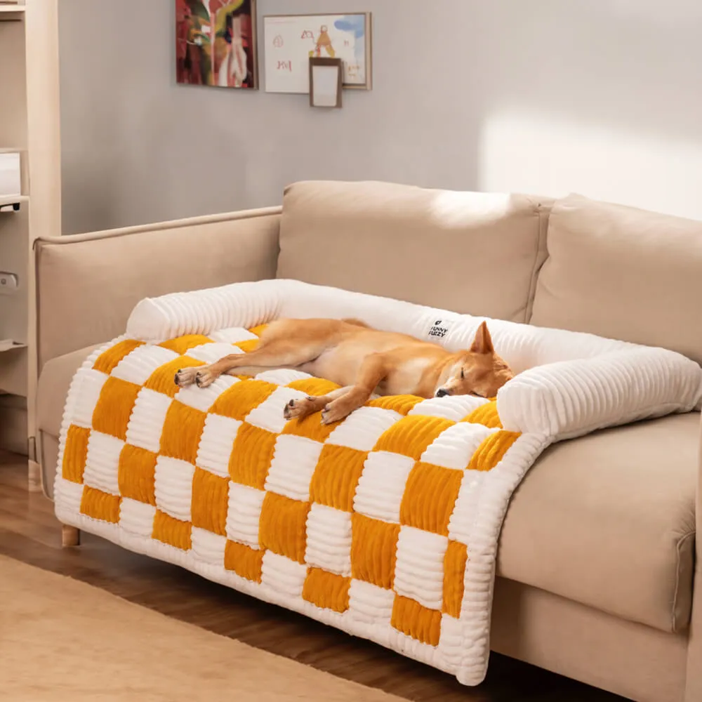 Cream Square Plaid Cozy Dog Mat Furniture Protector Cover