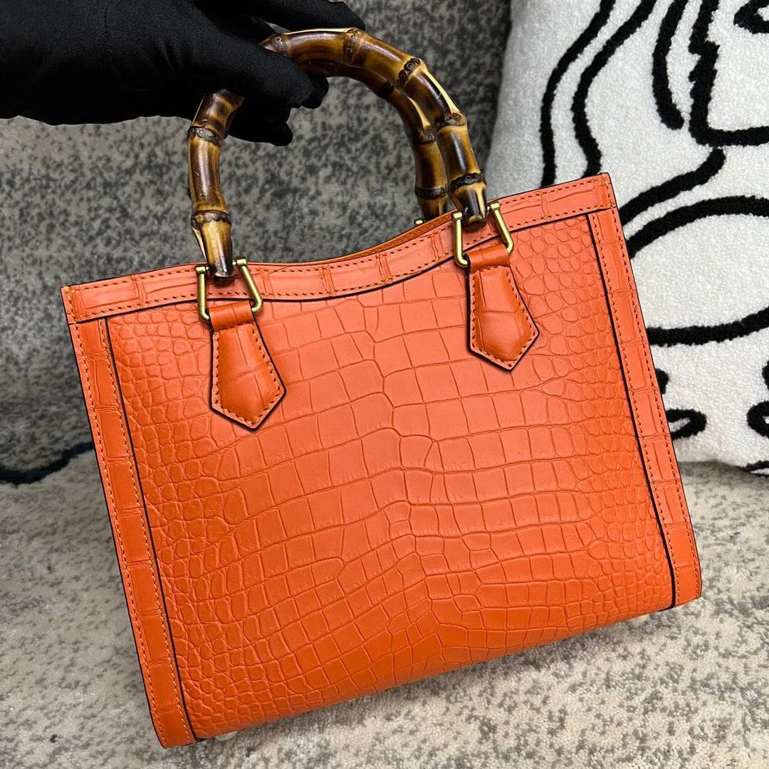 Crocodile Skin Leather Shoulder Crossbody Bag With Bamboo Handle Orange