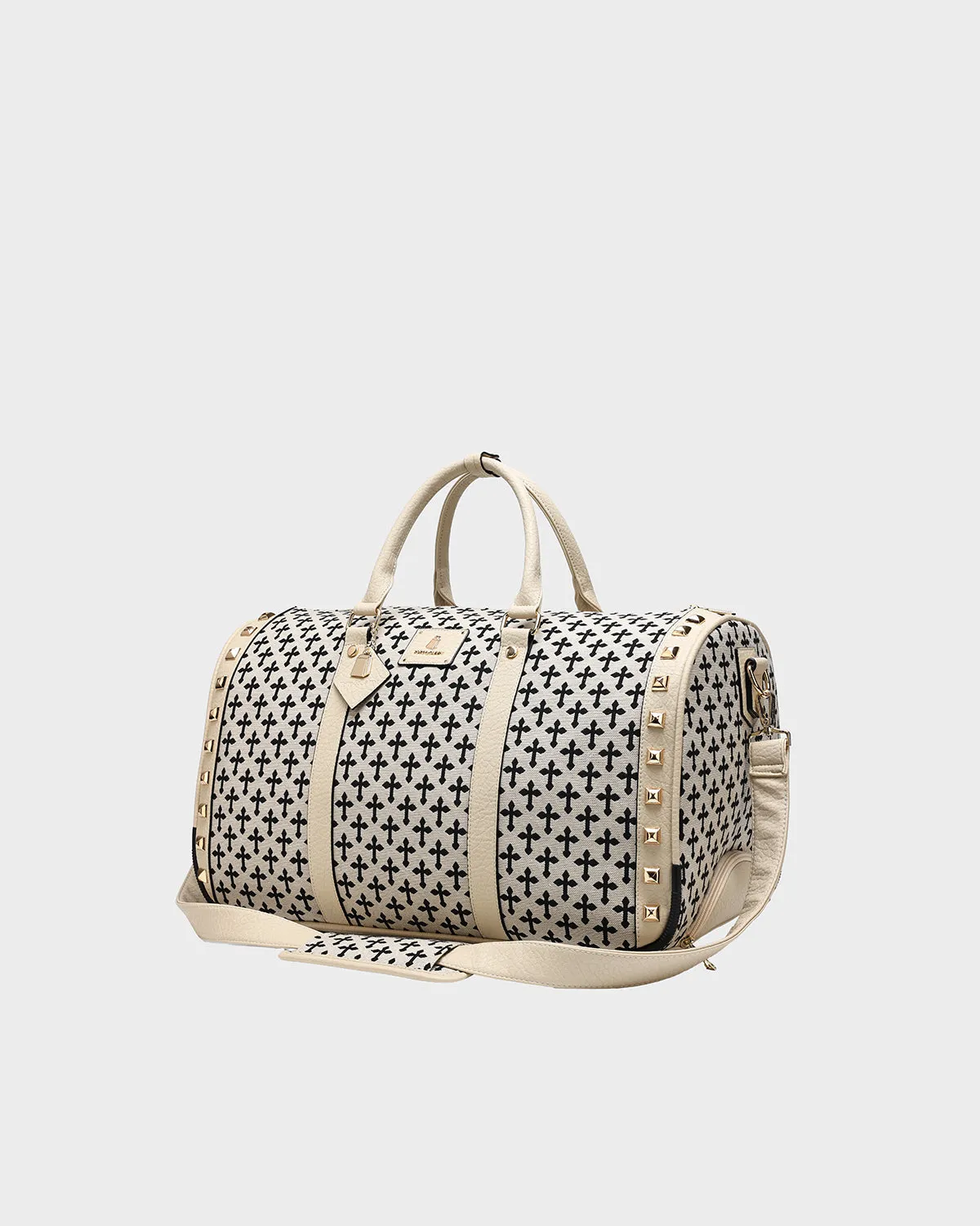 Cross Spiked Rolling Duffle Bag in Cream White