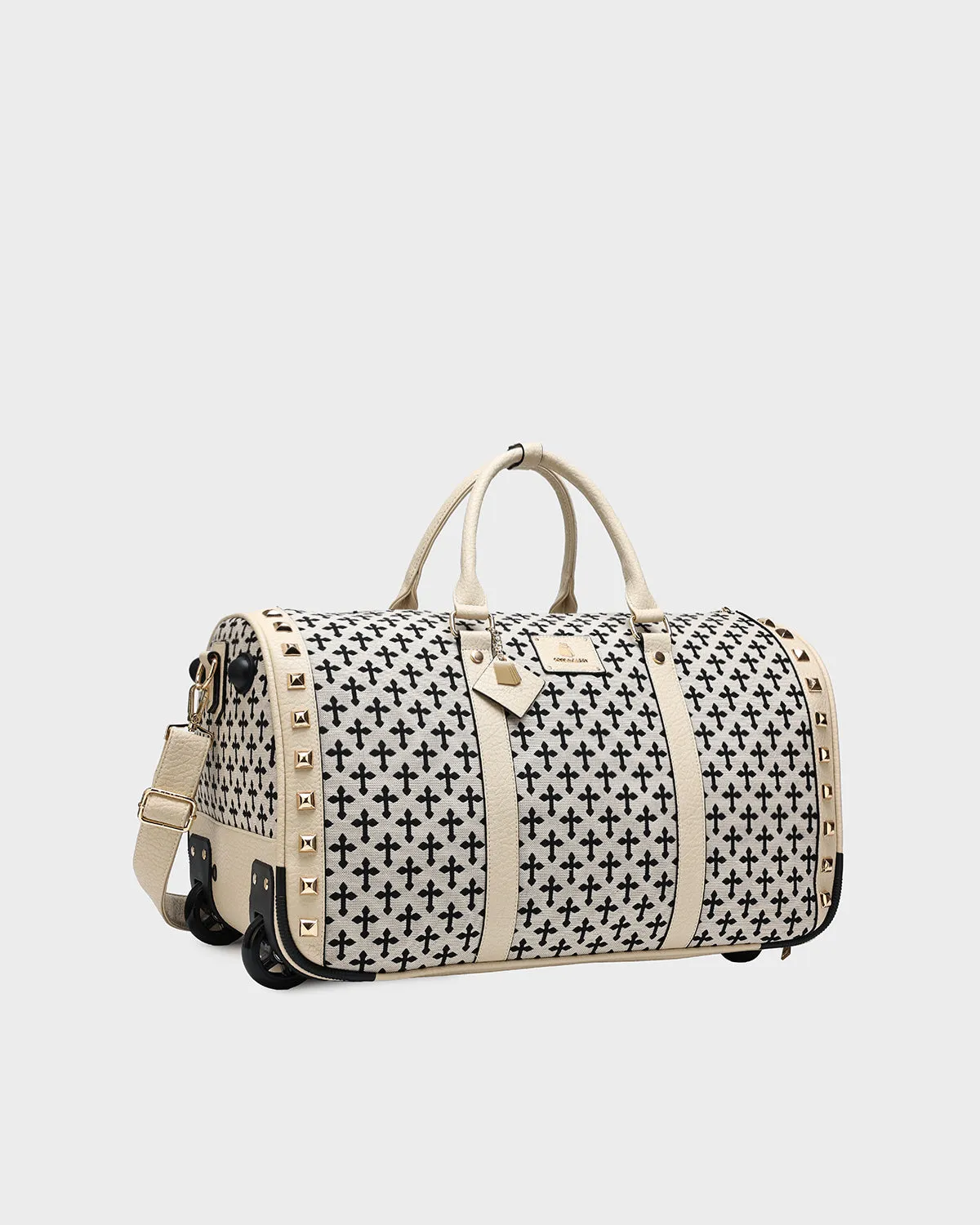 Cross Spiked Rolling Duffle Bag in Cream White