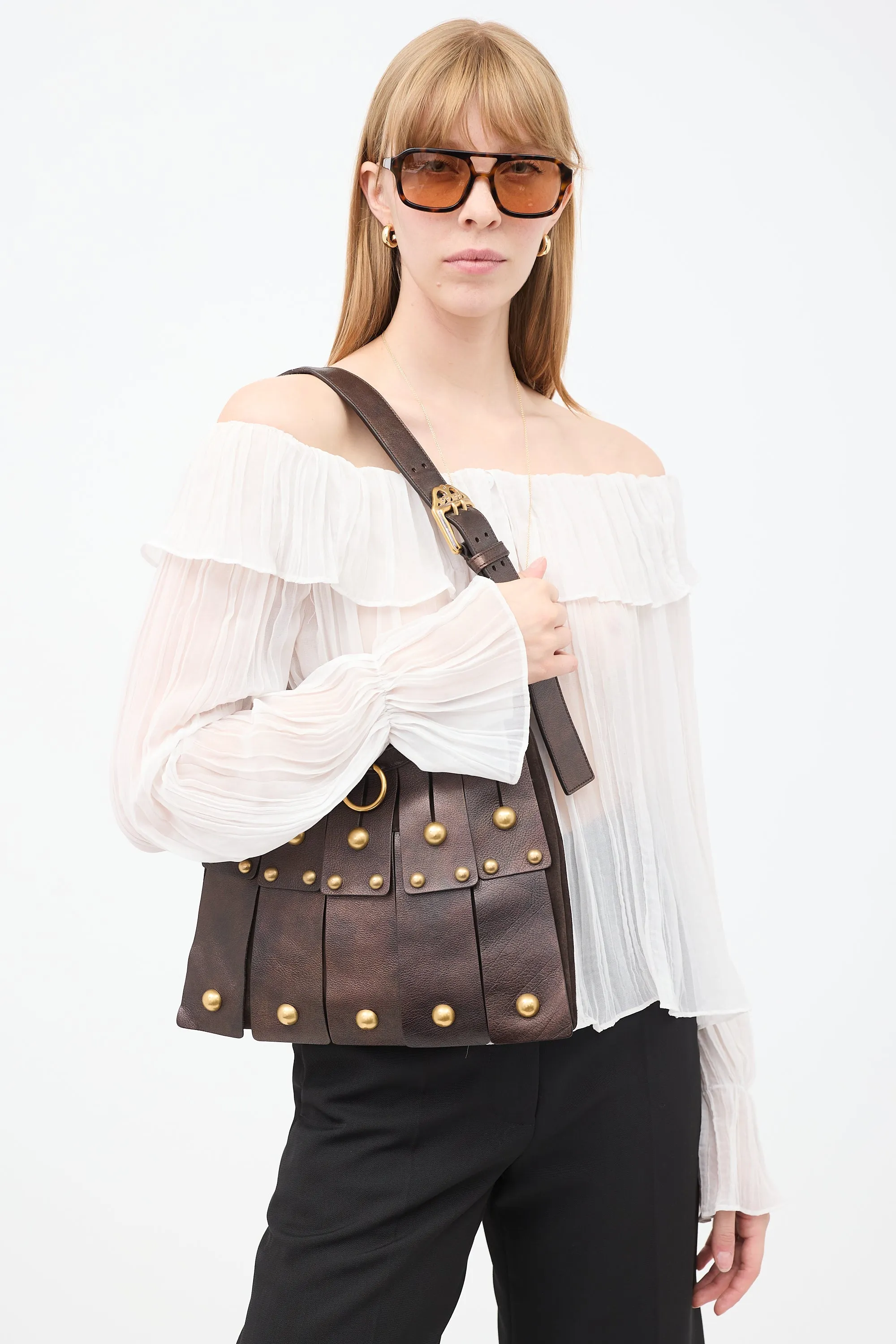 Dark Brown Leather & Suede Sparte Studded Shoulder Bag