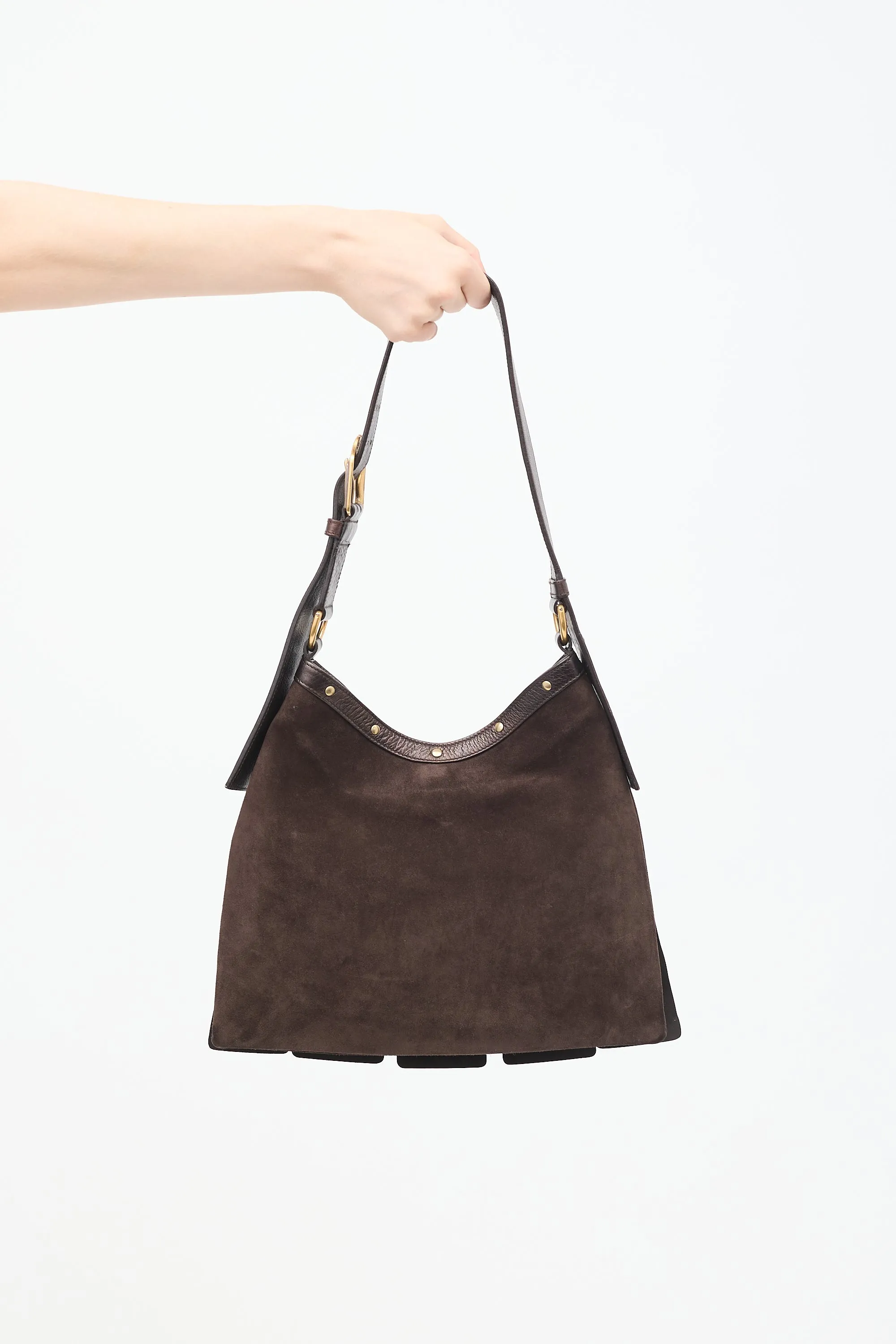 Dark Brown Leather & Suede Sparte Studded Shoulder Bag