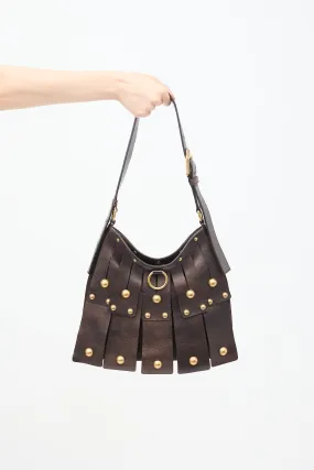 Dark Brown Leather & Suede Sparte Studded Shoulder Bag