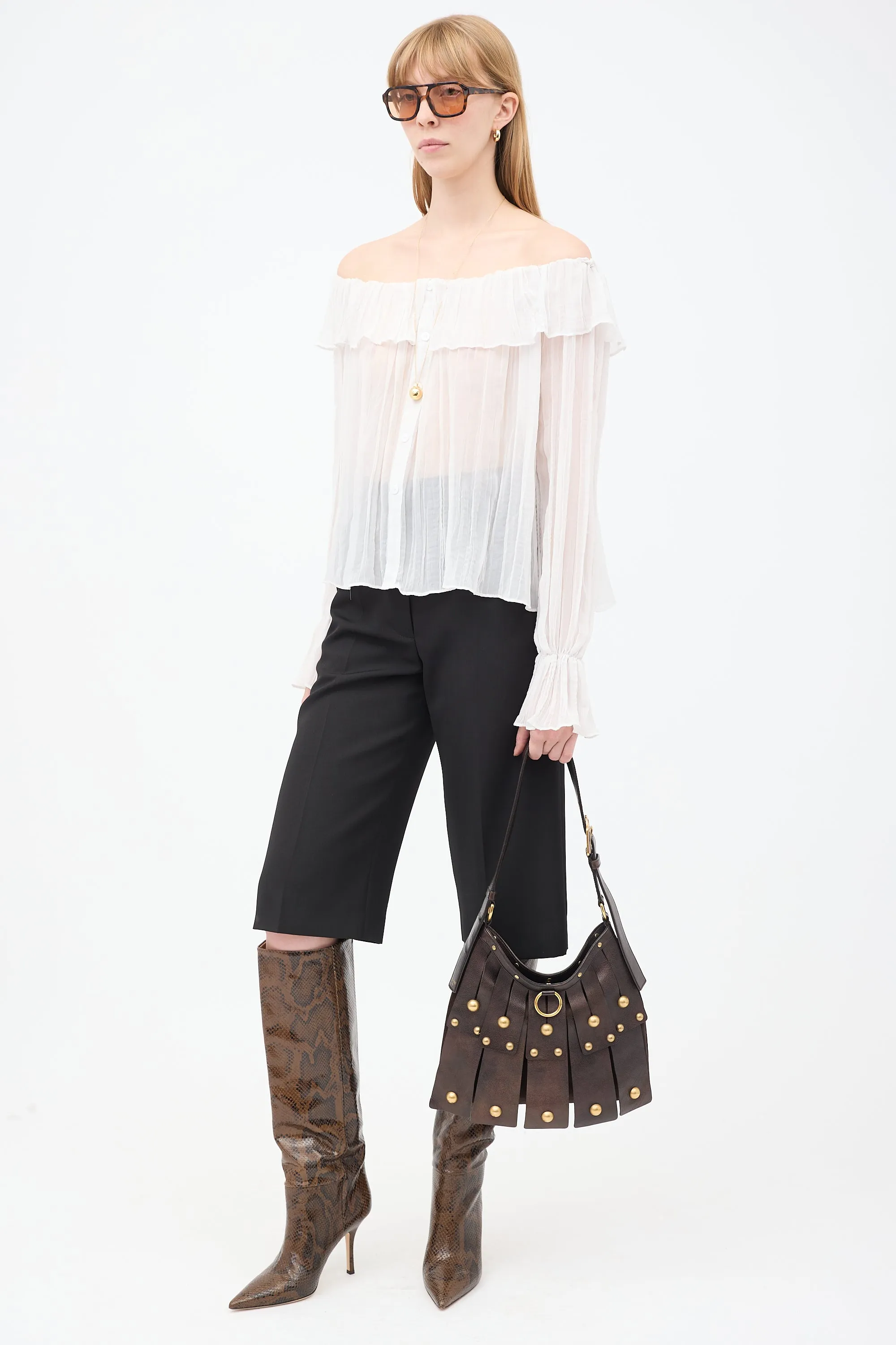 Dark Brown Leather & Suede Sparte Studded Shoulder Bag