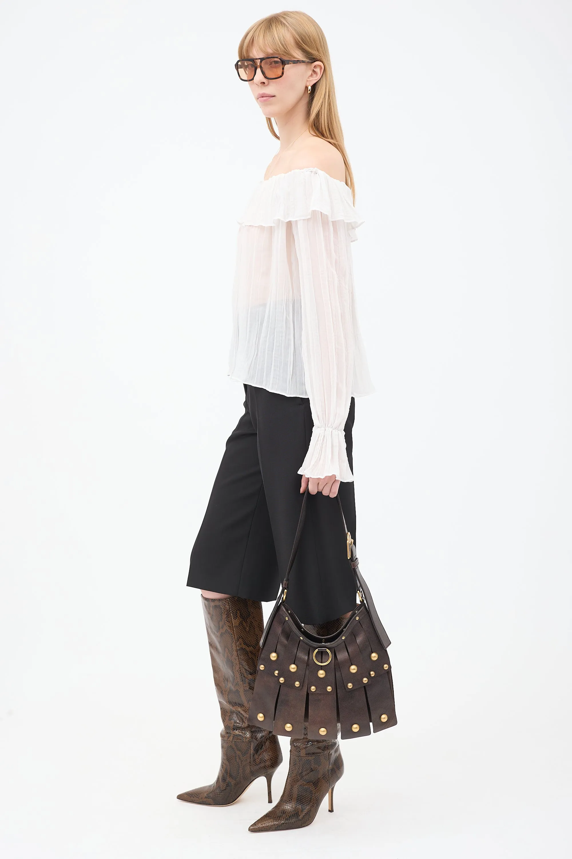 Dark Brown Leather & Suede Sparte Studded Shoulder Bag