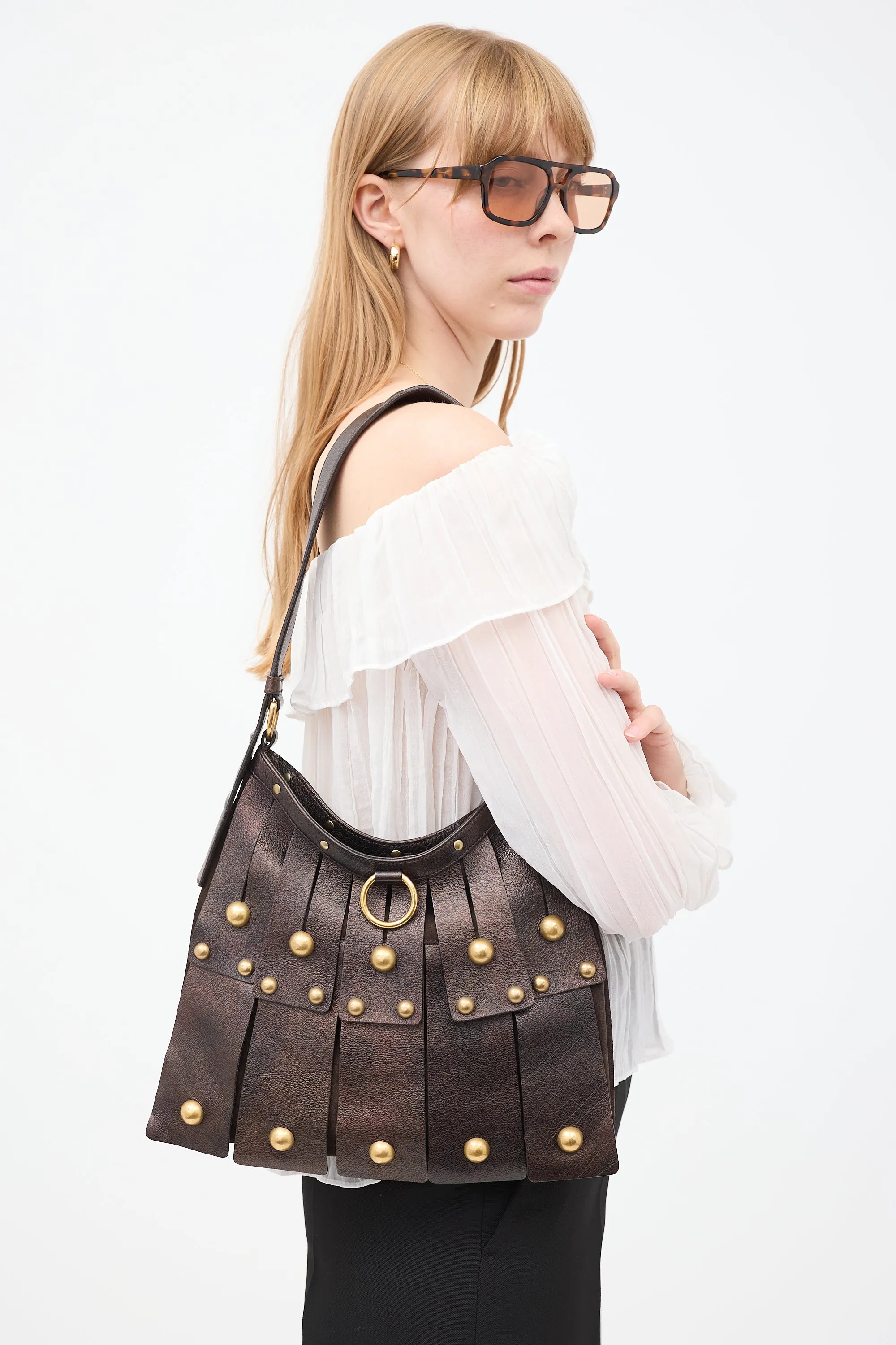 Dark Brown Leather & Suede Sparte Studded Shoulder Bag