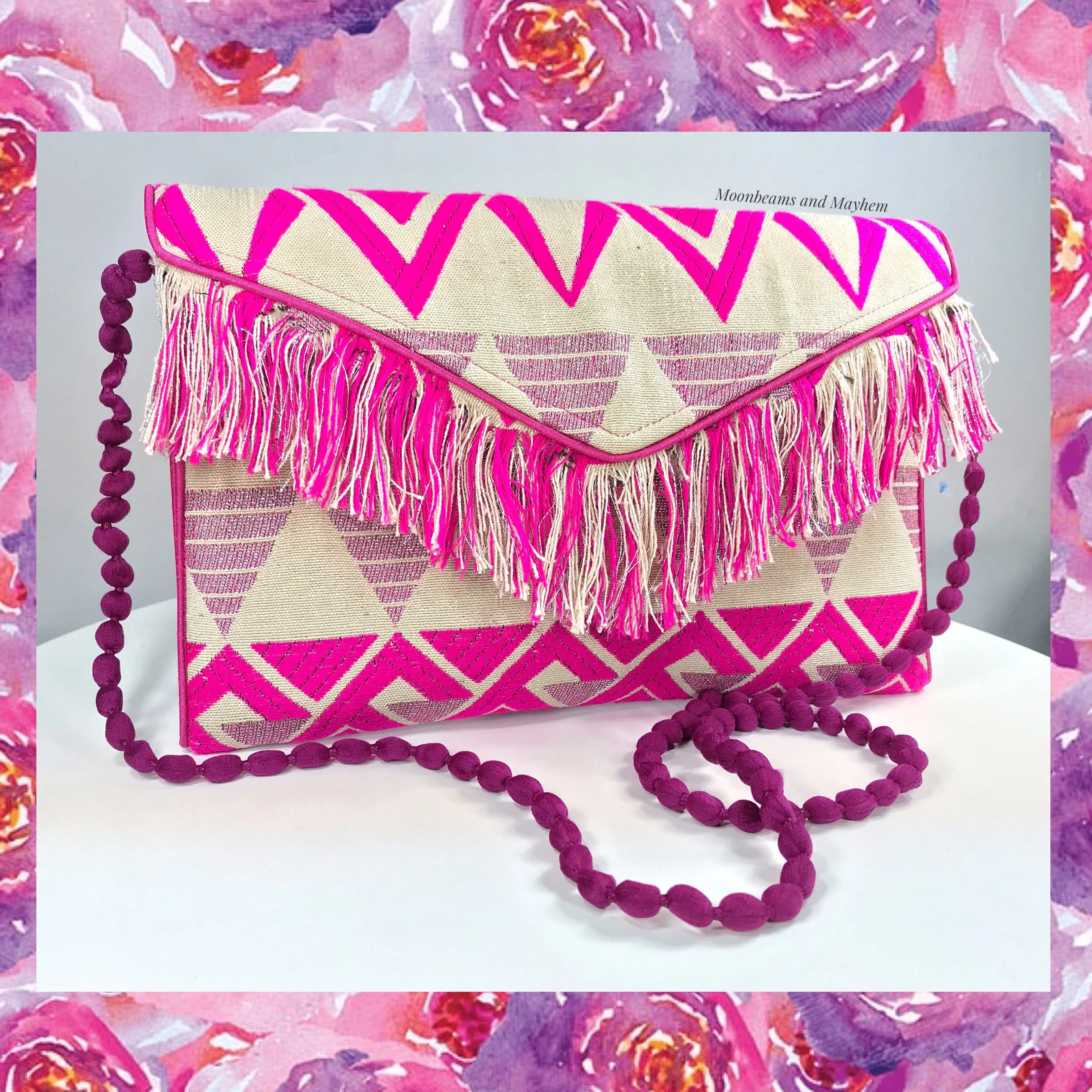 DELIGHTFUL PINK 'IBIZA'  FRINGE CLUTCH / EVENING BAG