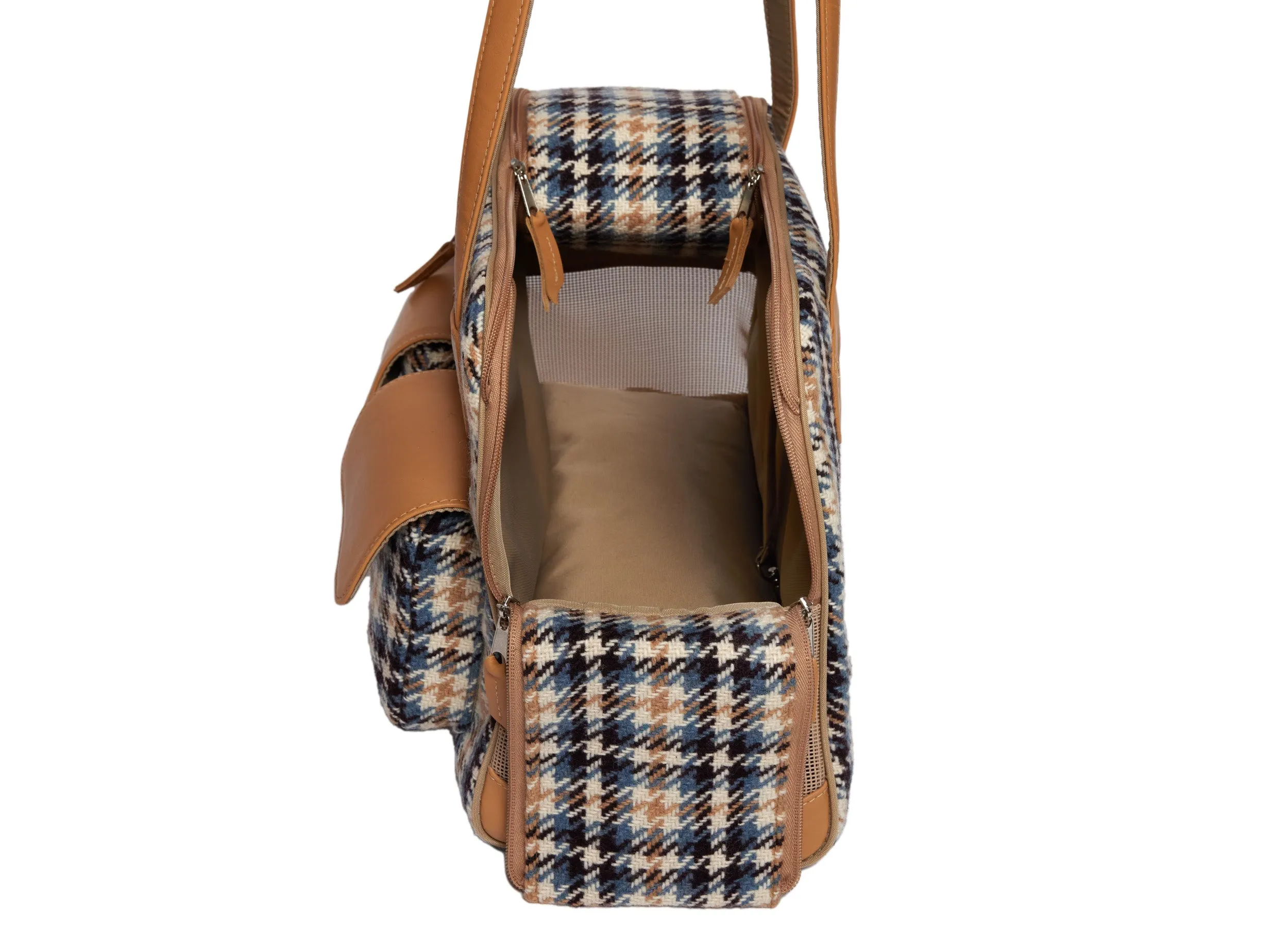 Dog Carrier - Winter - Blue, Beige & Black Wool Plaid