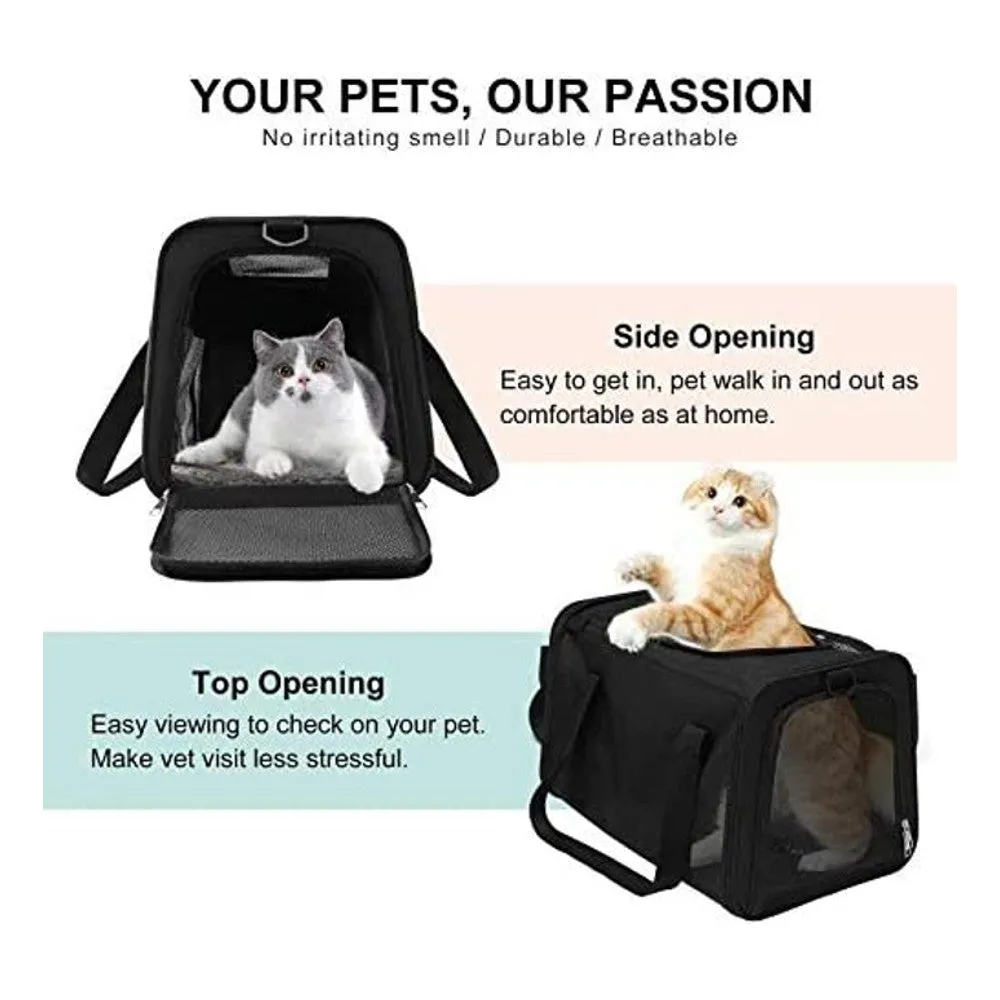 Durable L-Size Black Pet Carrier with Mesh Windows