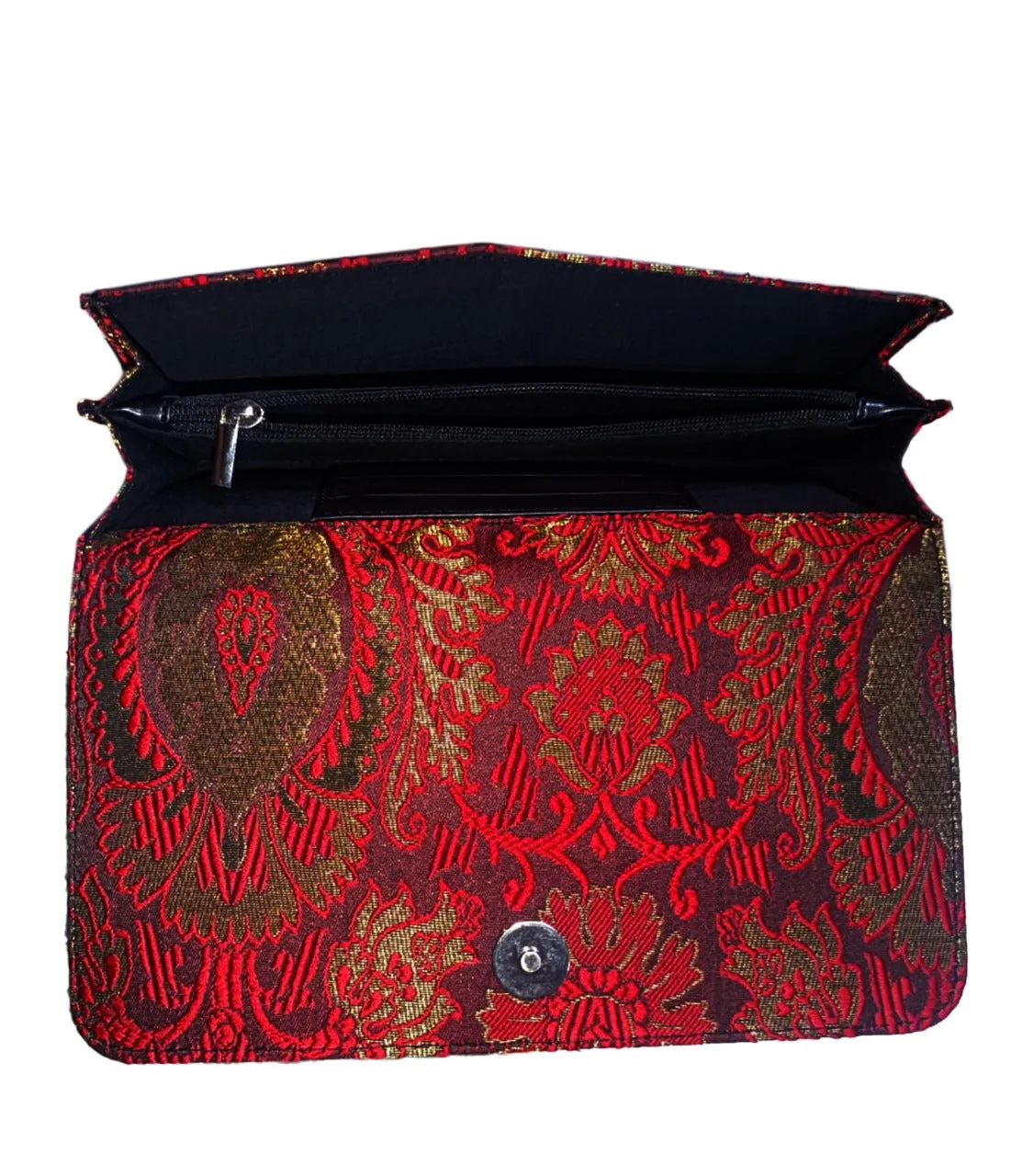 Faux Leather and Red jacquard Fusion: Wholesale Edgy Skull-Studded Clutch