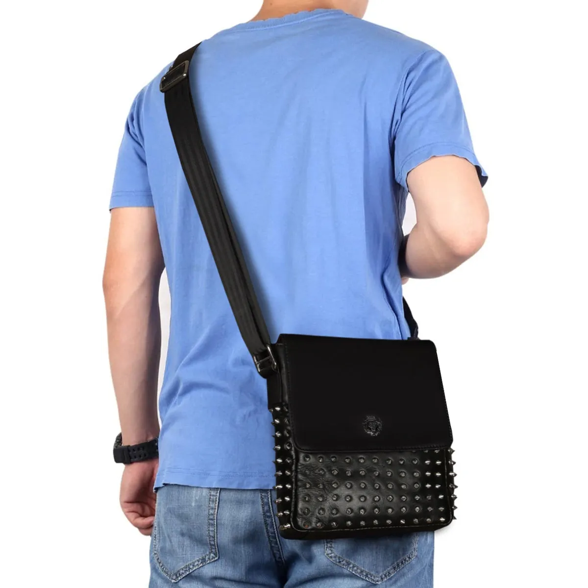 Flap Over Silver Studded Black Leather Crossbody Sling Bag