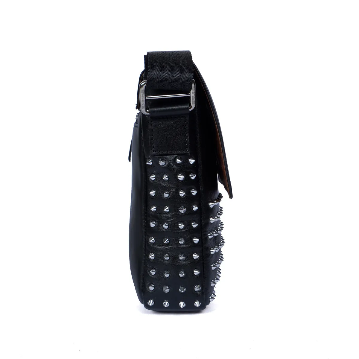 Flap Over Silver Studded Black Leather Crossbody Sling Bag