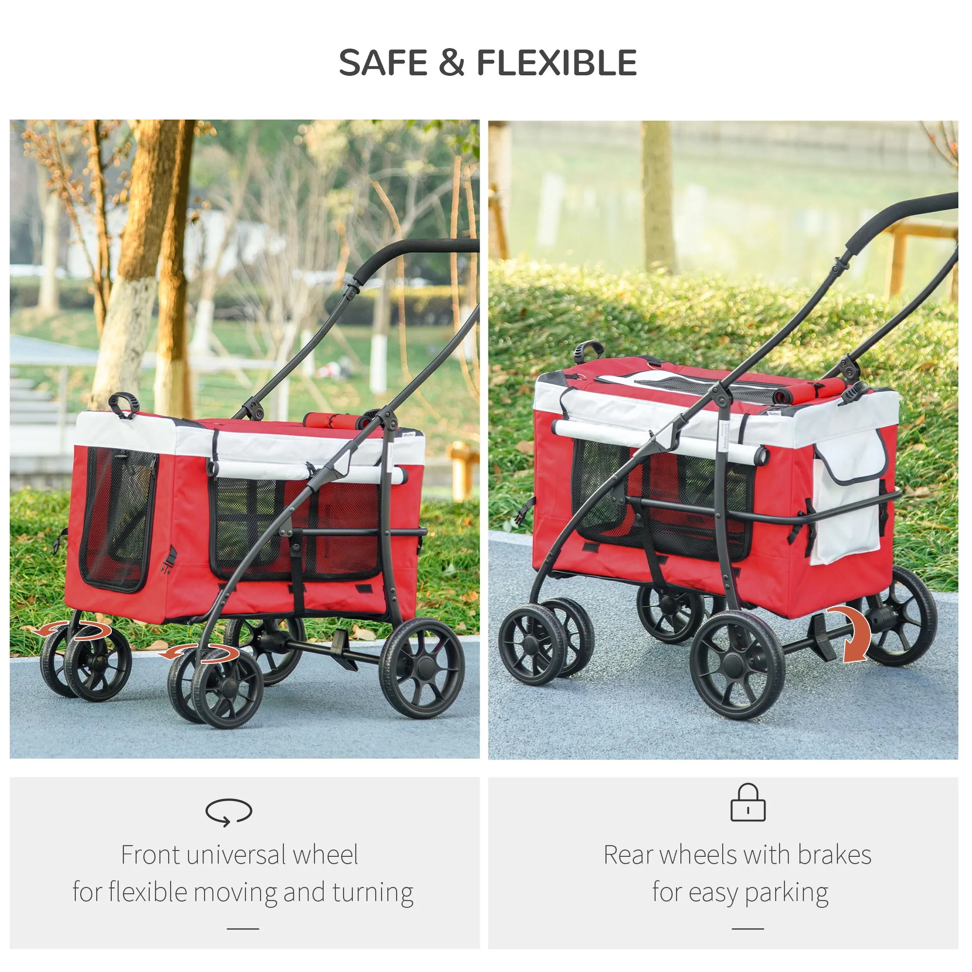 Foldable Dog Stroller, Pet Travel Crate, with Detachable Carrier, Soft Padding, for Mini, Small Dogs - Red