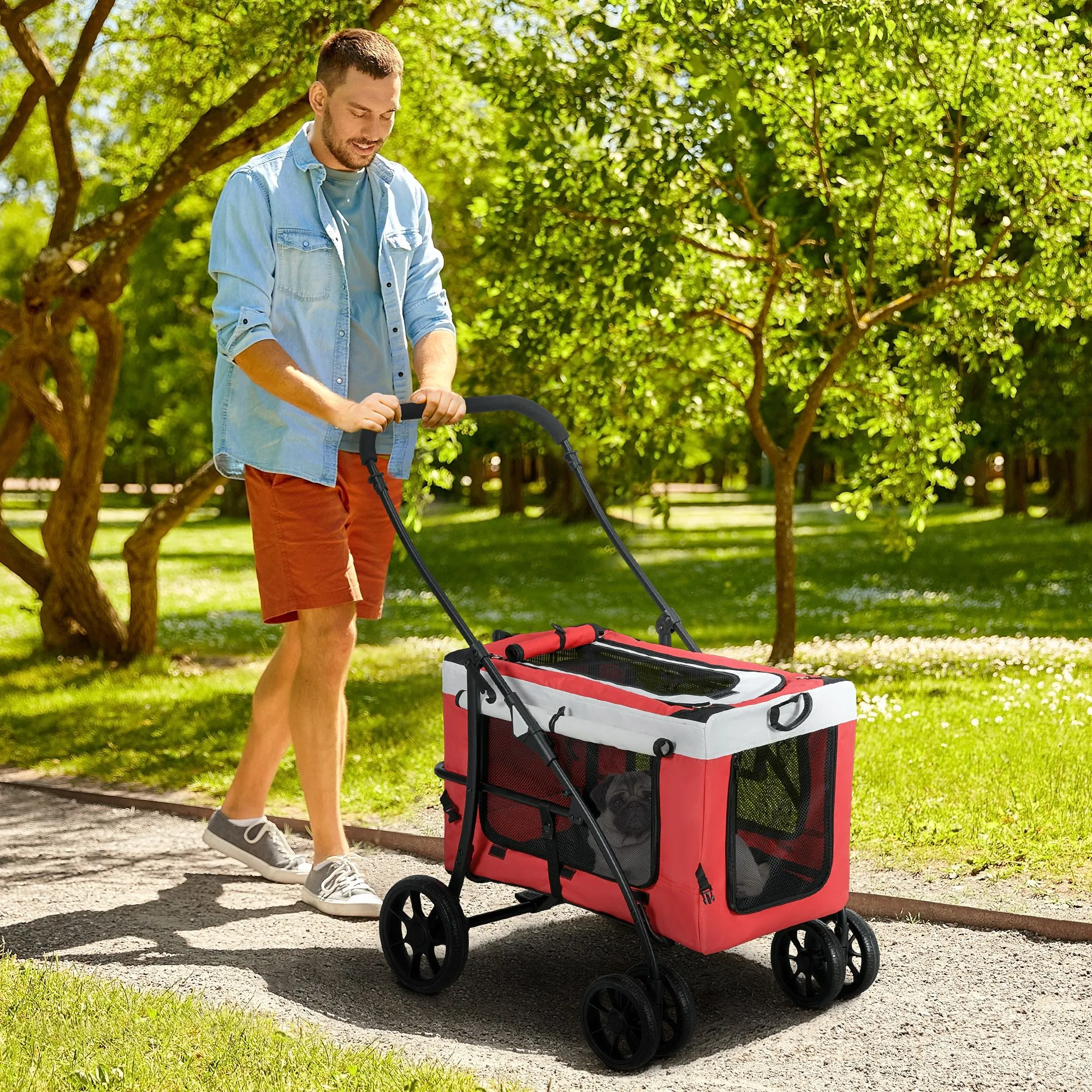 Foldable Dog Stroller, Pet Travel Crate, with Detachable Carrier, Soft Padding, for Mini, Small Dogs - Red