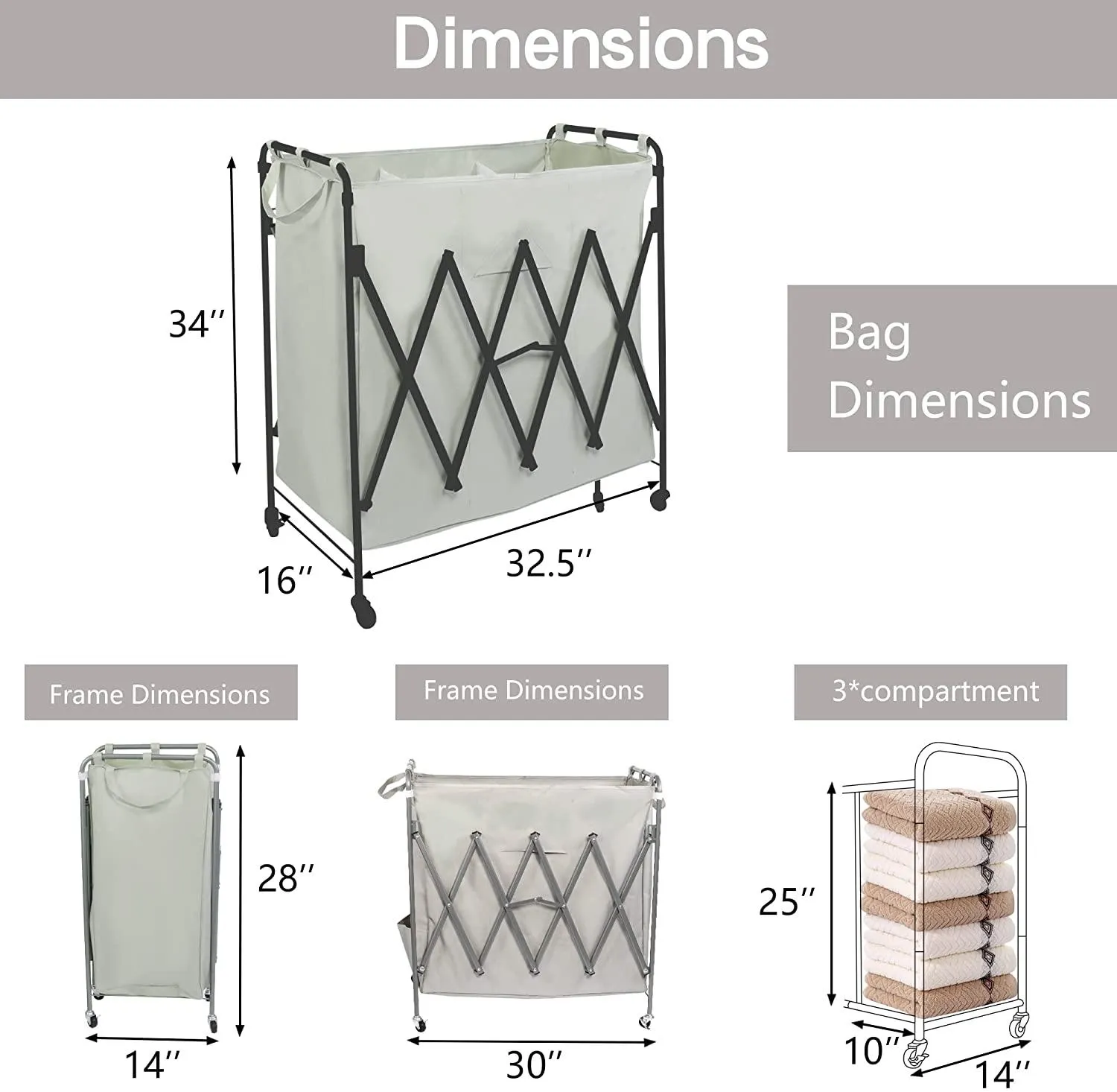 Folding 3 Sections Rolling Laundry Basket Laundry Cart Sorter  Hamper w/ Lockable Wheels & Removable Bags, Grey