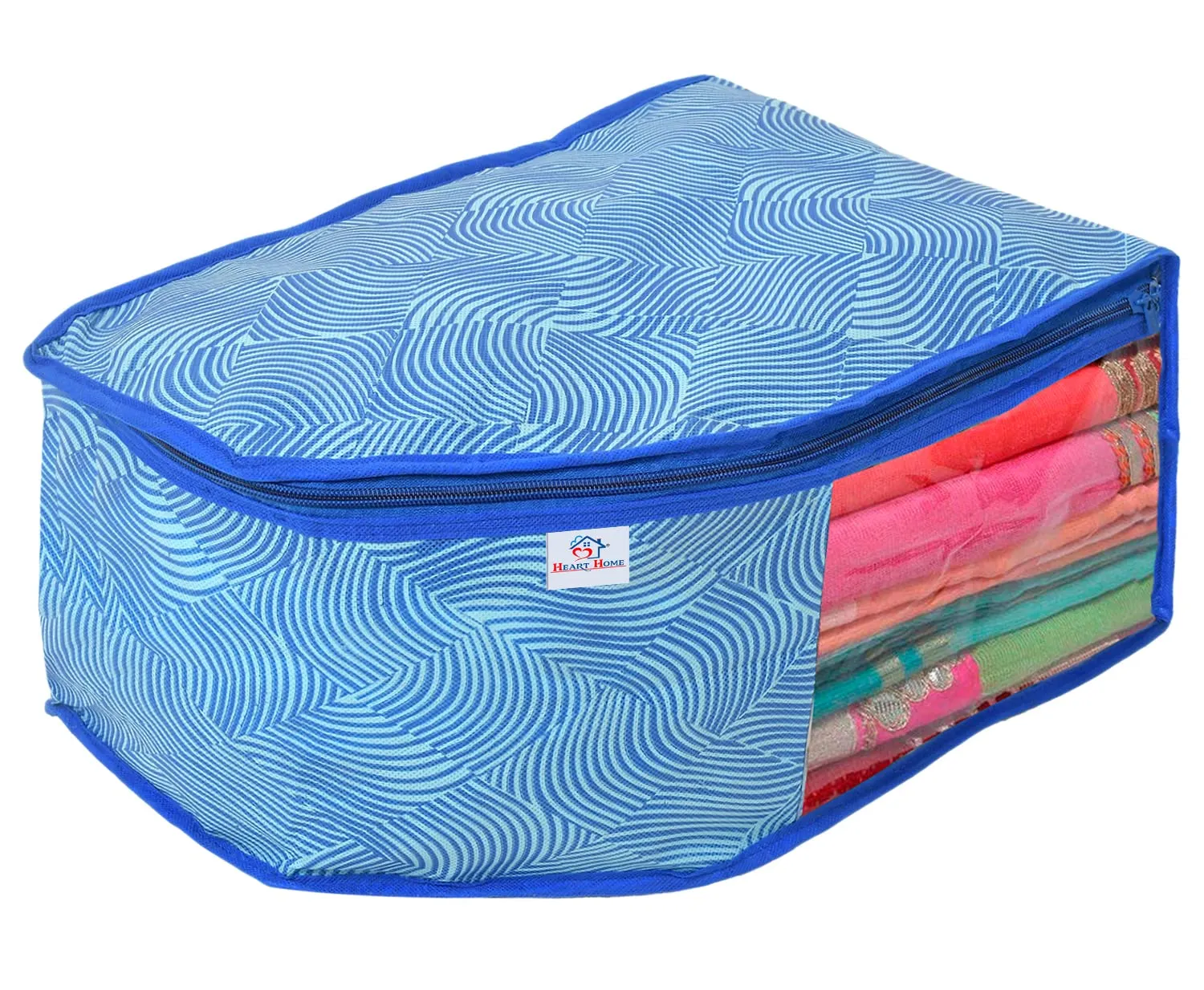 Heart Home Lahariya Design Non-woven Foldable 2 Saree & 2 Blouse Cover/Clothes Storage Bag/Wardrobe Organizer Set With Transparent Window- Pack of 4 (Blue)-44HH0575