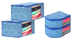 Heart Home Lahariya Design Non-woven Foldable 2 Saree & 2 Blouse Cover/Clothes Storage Bag/Wardrobe Organizer Set With Transparent Window- Pack of 4 (Blue)-44HH0575