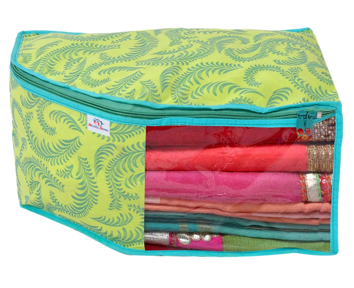 Heart Home Leaf Design Non-woven 6 Saree & 6 Blouse Cover/Organizer Set With Transparent Window- Pack of 12 (Green) -44HH0574