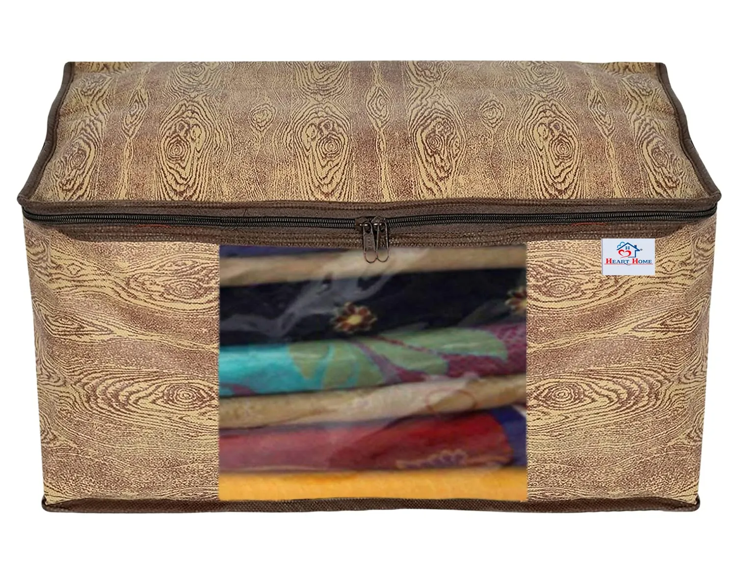 Heart Home Wooden Design Non-woven 3 Saree & 3 Blouse Cover/Organizer Set With Transparent Window- Pack of 6 (Brown) -44HH0562