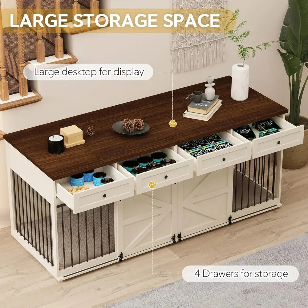 Indoor Wooden Dog Crate Furniture with 4 Drawers & Sliding Barn Doors – Stylish Kennel for Small Dogs