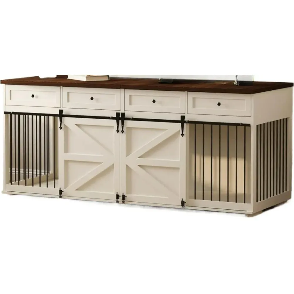 Indoor Wooden Dog Crate Furniture with 4 Drawers & Sliding Barn Doors – Stylish Kennel for Small Dogs