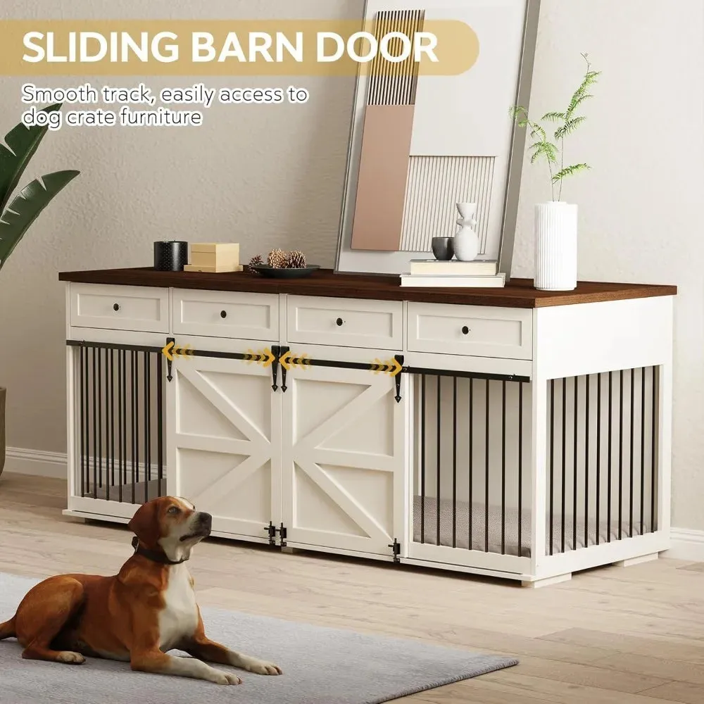 Indoor Wooden Dog Crate Furniture with 4 Drawers & Sliding Barn Doors – Stylish Kennel for Small Dogs