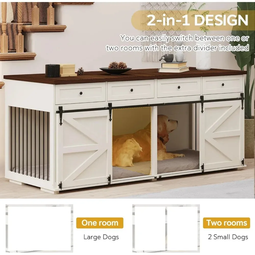 Indoor Wooden Dog Crate Furniture with 4 Drawers & Sliding Barn Doors – Stylish Kennel for Small Dogs