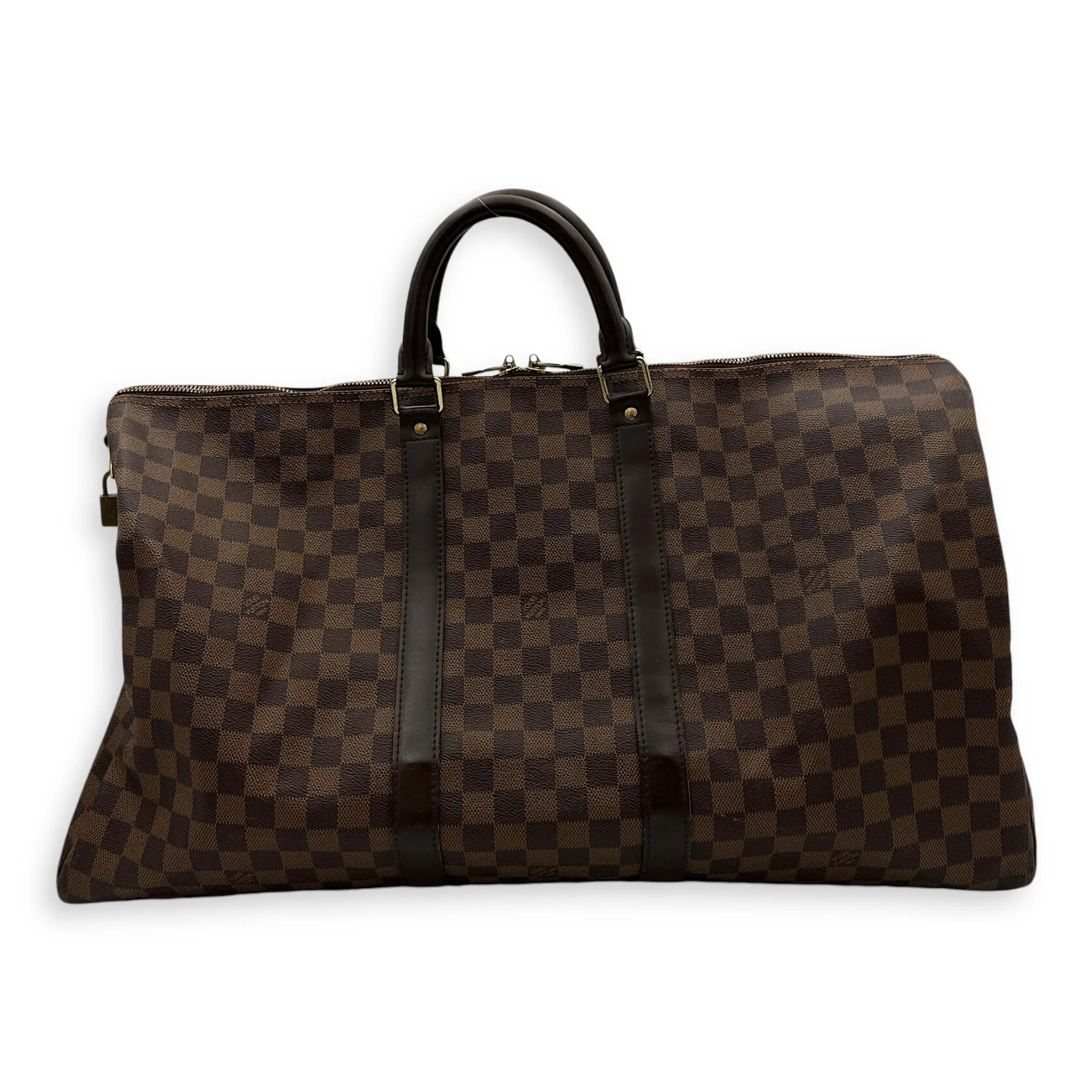 Keepall Duffle Bag 55 Damier Ebene in Coated Canvas, Gold hardware